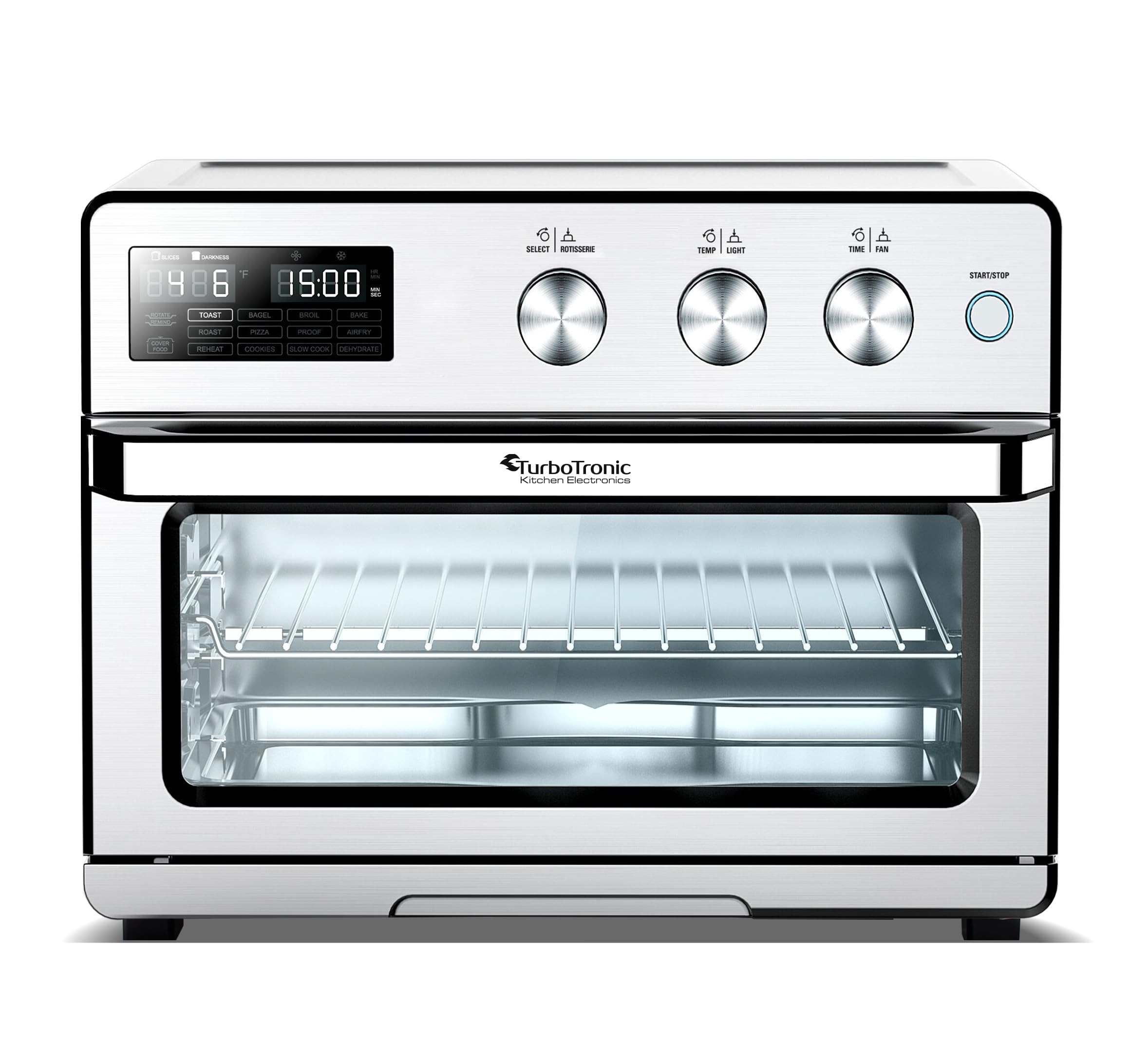TurboTronic digitaler Heißluftofen - XXL 32 Liter mit Drehspieß für Hähnchen 5 in1 Mini Backofen, Dörrer & Power Heißluftfritteuse Airfryer ab 25°C