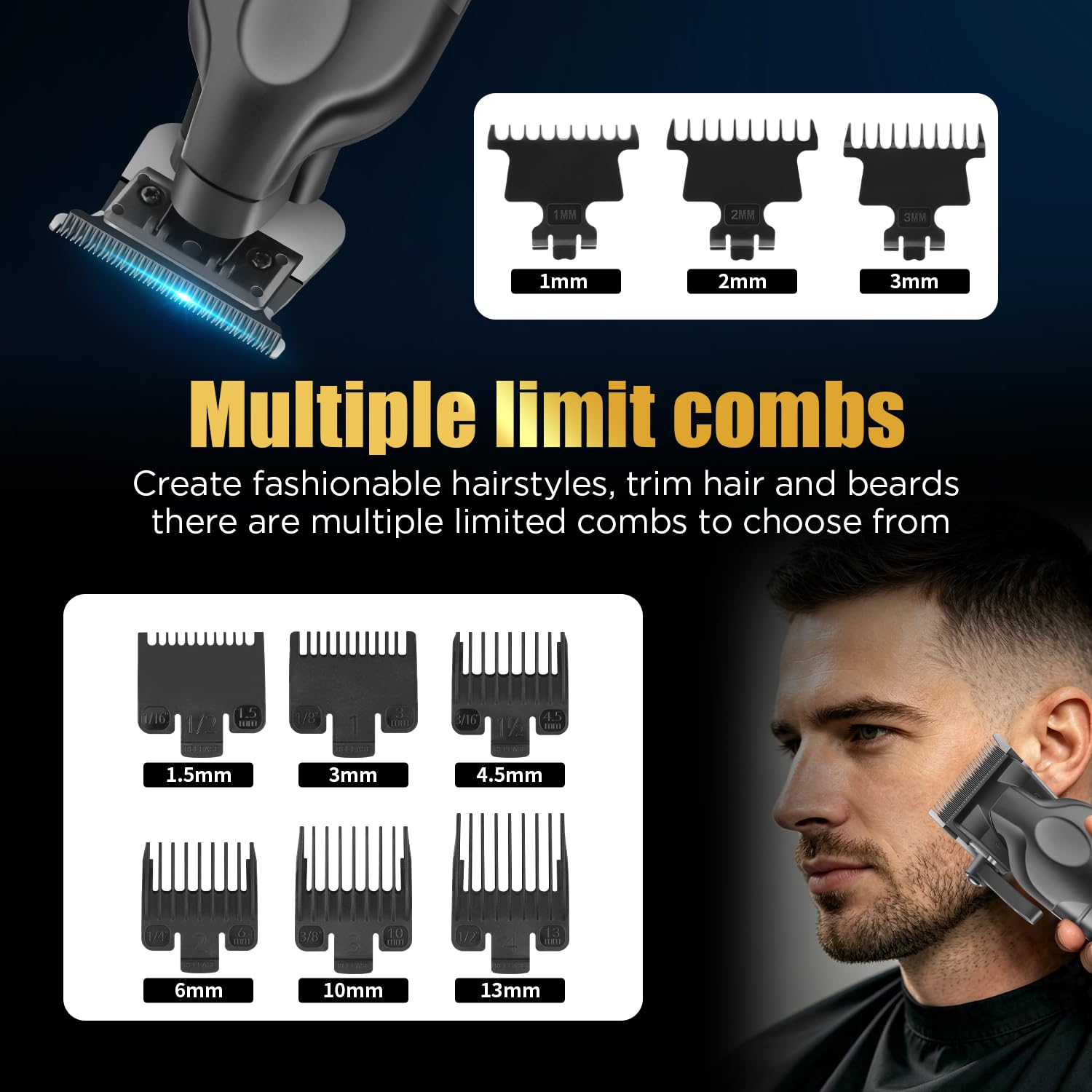 KEMEI Tondeuse à cheveux professionnelle sans fil, tondeuse de barbier complète avec lame T, kit électrique 9 guides, recharge USB, écran LED