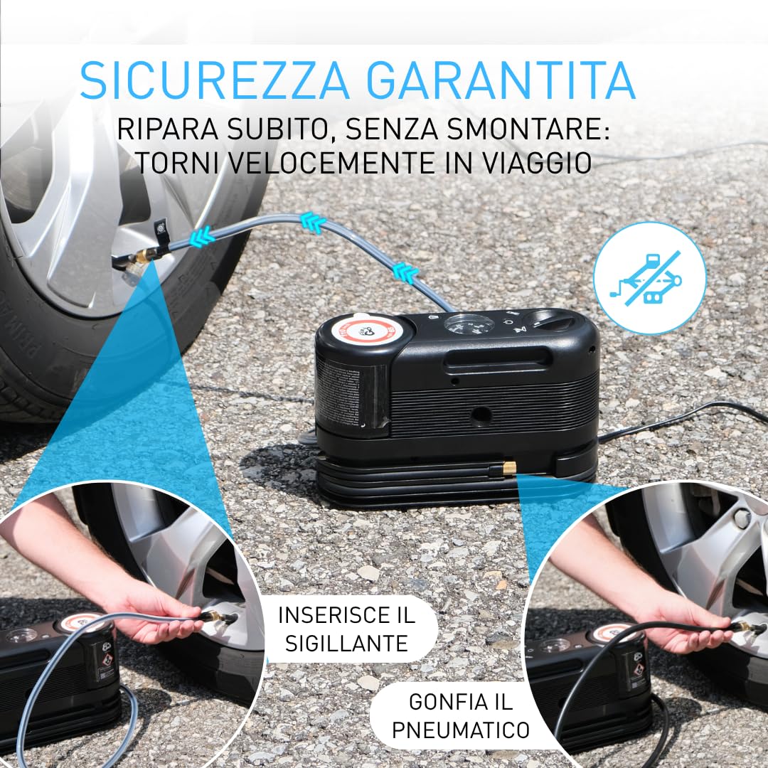 Fix&Go SENSOR Kit Riparazione Pneumatici Auto Professionale con Compressore: Sistema Elettronico Automatico 12V, Sigillante a Base di Lattice per SUV ed Elettriche, Safe per Sensori TPMS