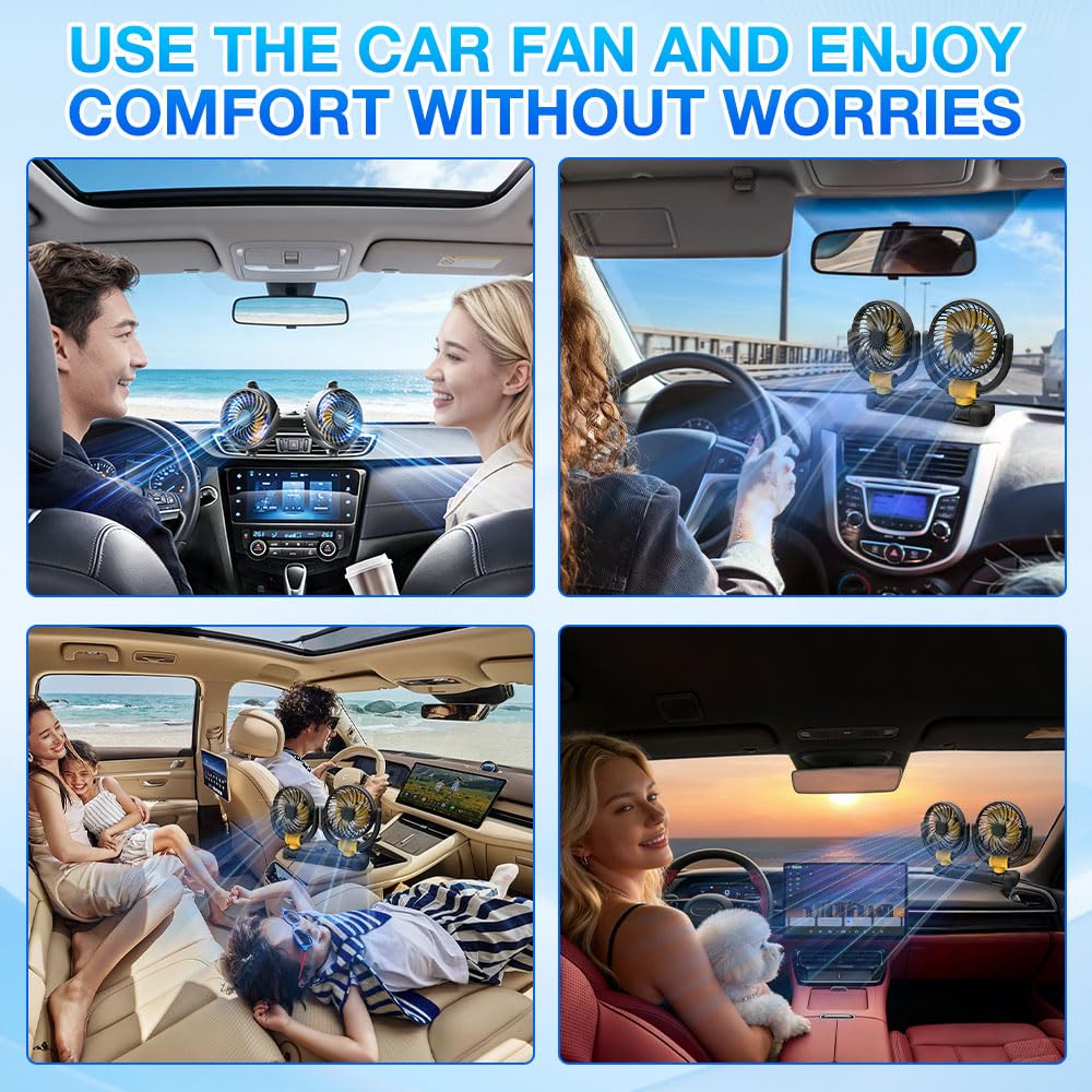 Ventilatore per auto, 12 V, doppia testa, portatile, rotazione a 360°, silenzioso, a 2 velocità, con presa accendisigari, per camion, SUV, camper