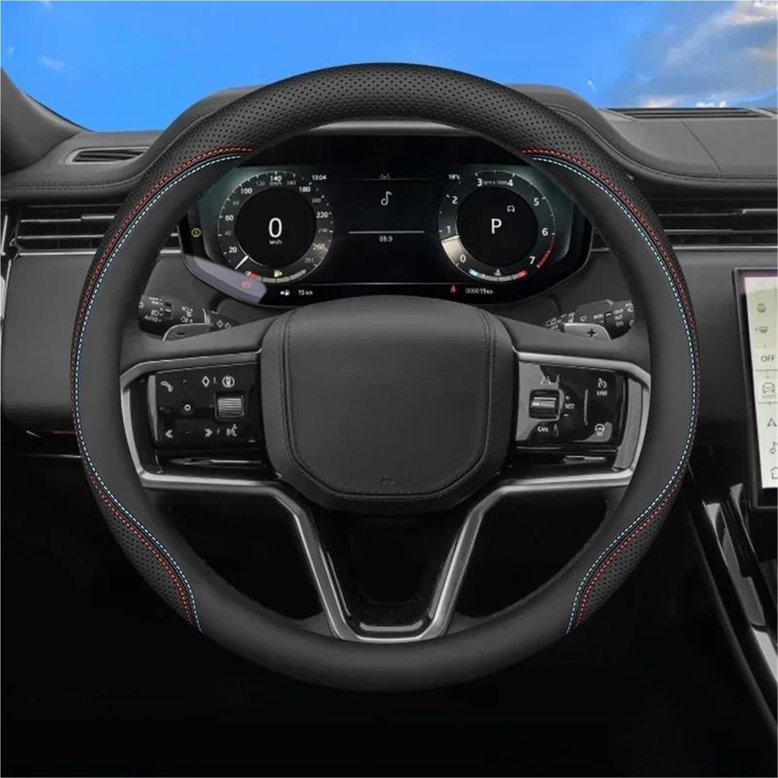 Uagfdff Two Line Leather Steering Wheel Cover Car Steering Wheel Cover Interior Leather For Land For Rover For Range For Rover For Evoque For Velar For Defender For Discovery(Two Line)