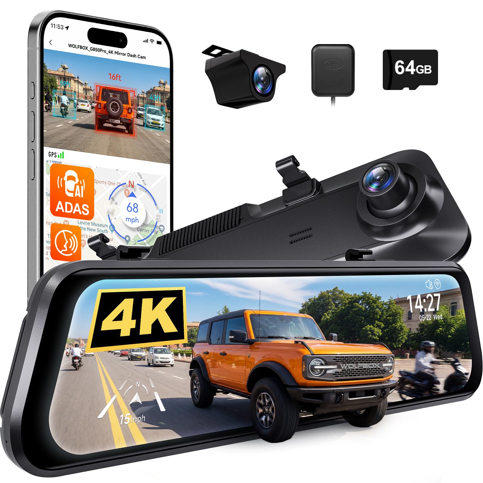 WOLFBOX G850 PRO 4K Smart Mirror Dash Cam with ADAS & BSD, 12” Rear View Mirror Camera, 5.8GHz WiFi, Voice Control, Includes 64GB Card, GPS, G-Sensor & Loop Recording.-image-44