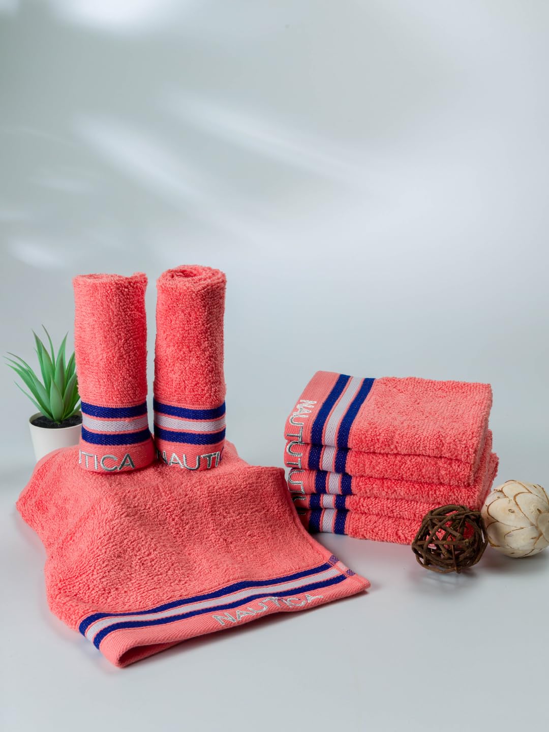 NAUTICA Super Soft Zero Twist 100% Cotton Towel -8pc Face Towel (Vintage Crew Stripe) | 500 GSM | shedds-Coral