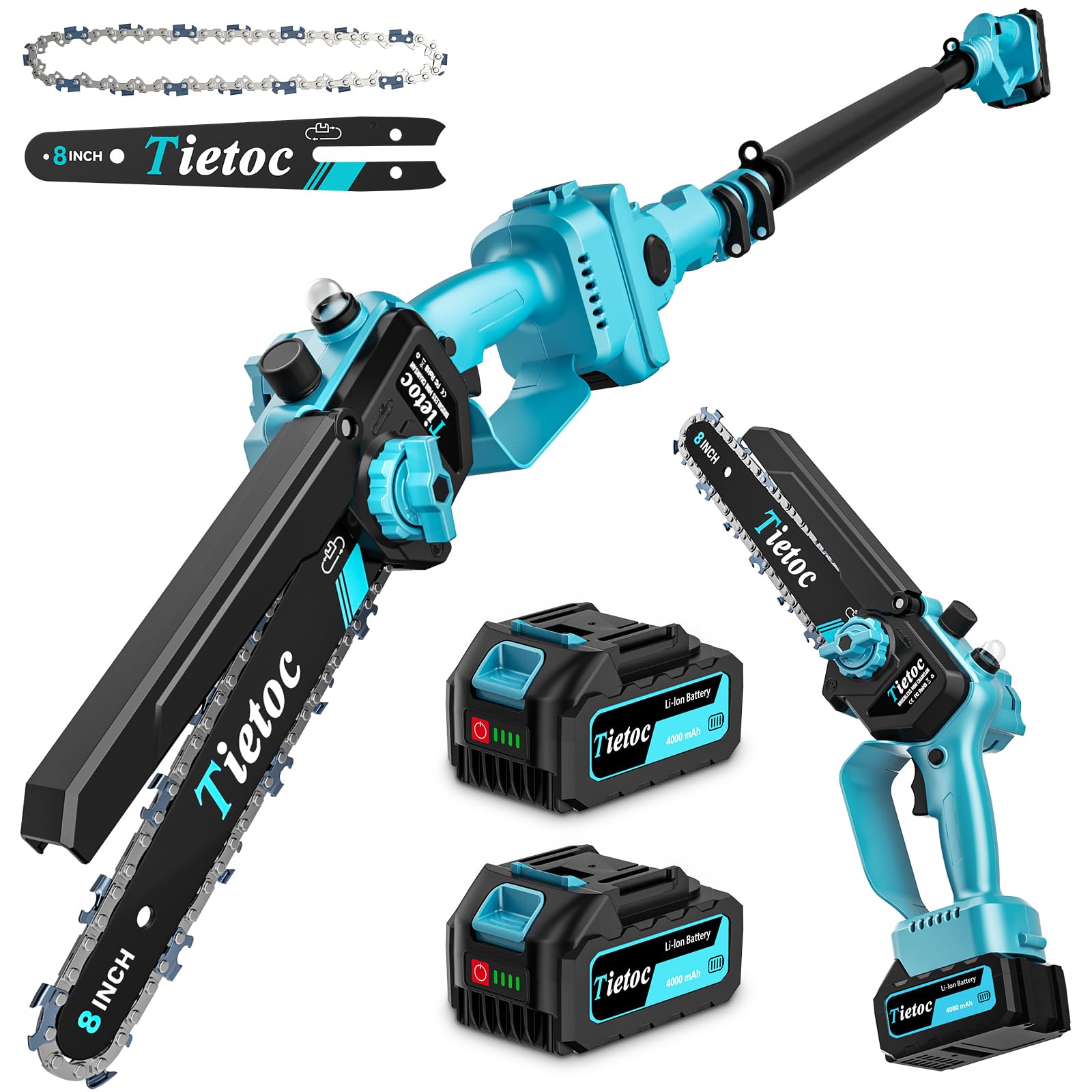TIETOC 2-in-1 Brushless Pole Saw for Tree Trimming – 8" Mini Electric Chainsaw with 2×4000mAh Batteries, Auto Oiling, Tool-Free Adjustment,Cordless Battery Powered Saw for Home Garden Branch Cutting