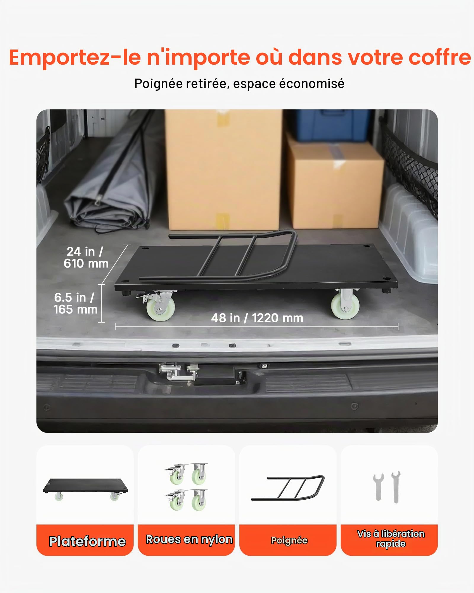 VEVOR Chariot à Plateforme Robuste Capacité de Charge 907 kg Chariot à Plateau 122x61 cm pour Manutention, Transport dans Usines, Entrepôts, Ateliers, en Acier Allié, avec Roues Pivotantes et Poignée