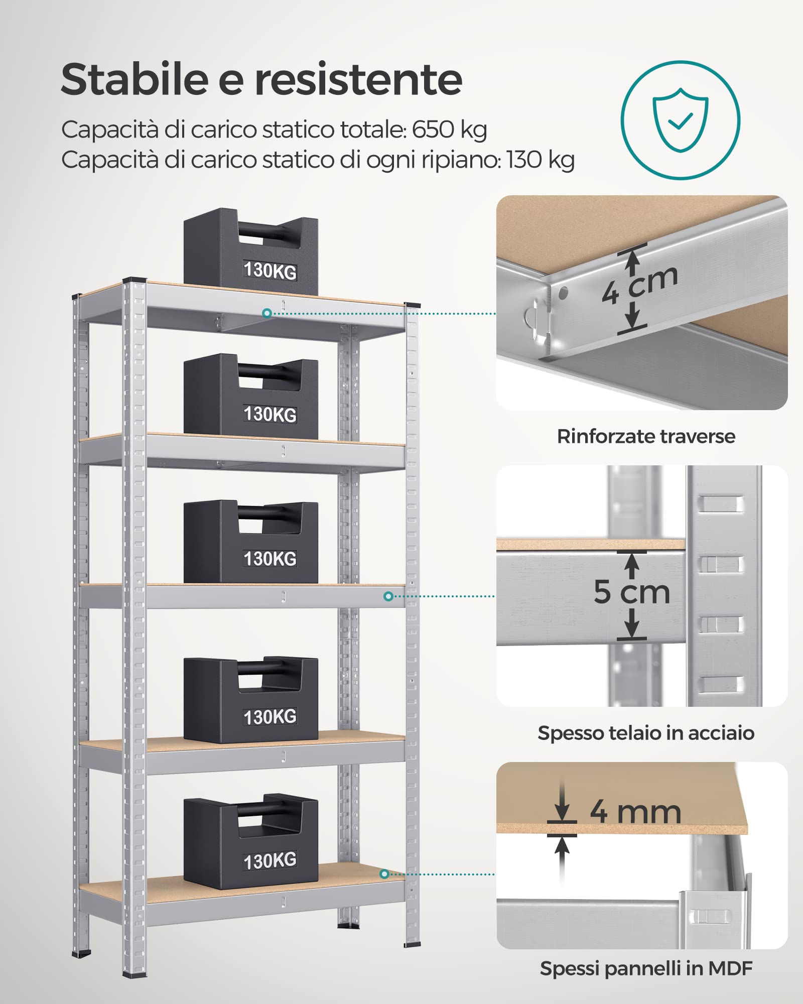 SONGMICS Mensola portaoggetti a 5 livelli, 30 x 75 x 150 cm, capacità 650 kg, tavole regolabili, stile industriale, per cucina, soggiorno, argento GLR030E01