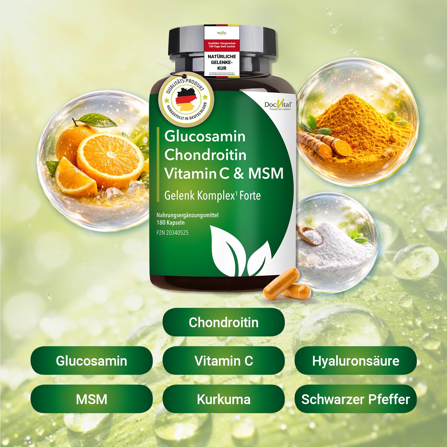 Glucosamin Chondroitin MSM Kapseln hochdosiert [180 Stück] - Gelenkkapseln mit Hyaluronsäure, Vitamin C & Kurkuma - Gelenke & Knorpel - Made in Germany