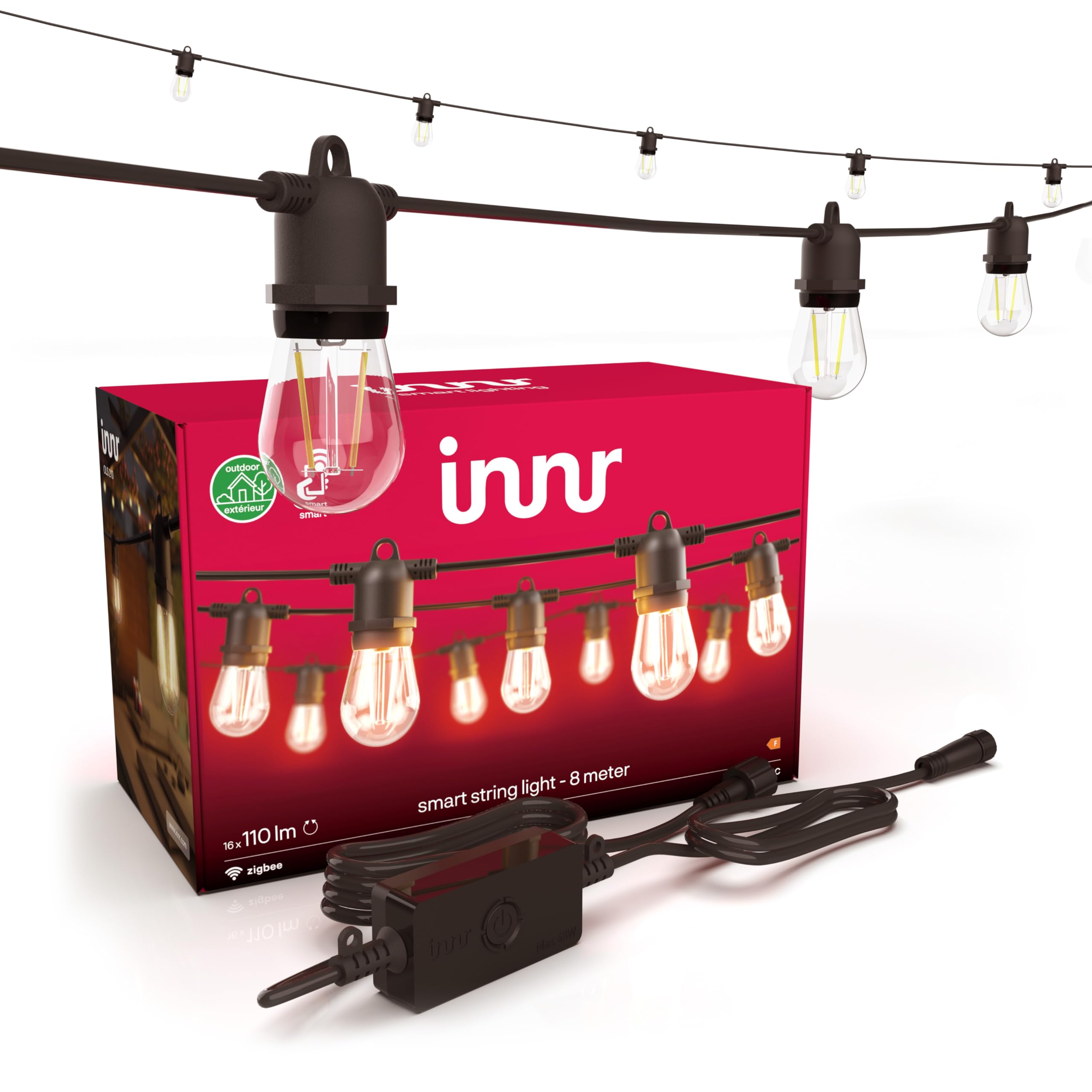 innr Smart LED Lichterkette außen 8m, Zigbee, Funktioniert mit Hue* und Alexa (Bridge erforderlich), Warmweiß, Outdoor Lichterkette Balkon, 16 Smart Glühbirnen, IP65 wasserdicht, dimmbar, Komplettset