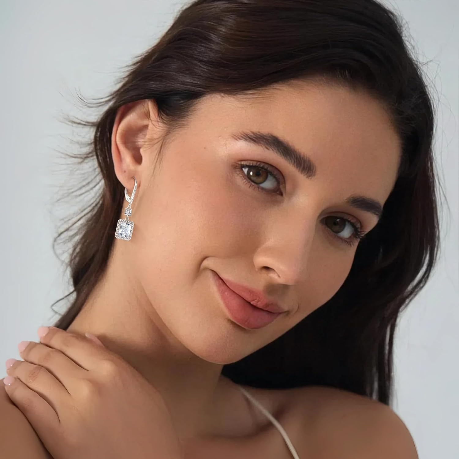 FJ Princess Cut Dangle Drop Earrings 925 Sterling Silver Square Halo Leverback Earrings Birthstone Jewelry for Women - Image 3