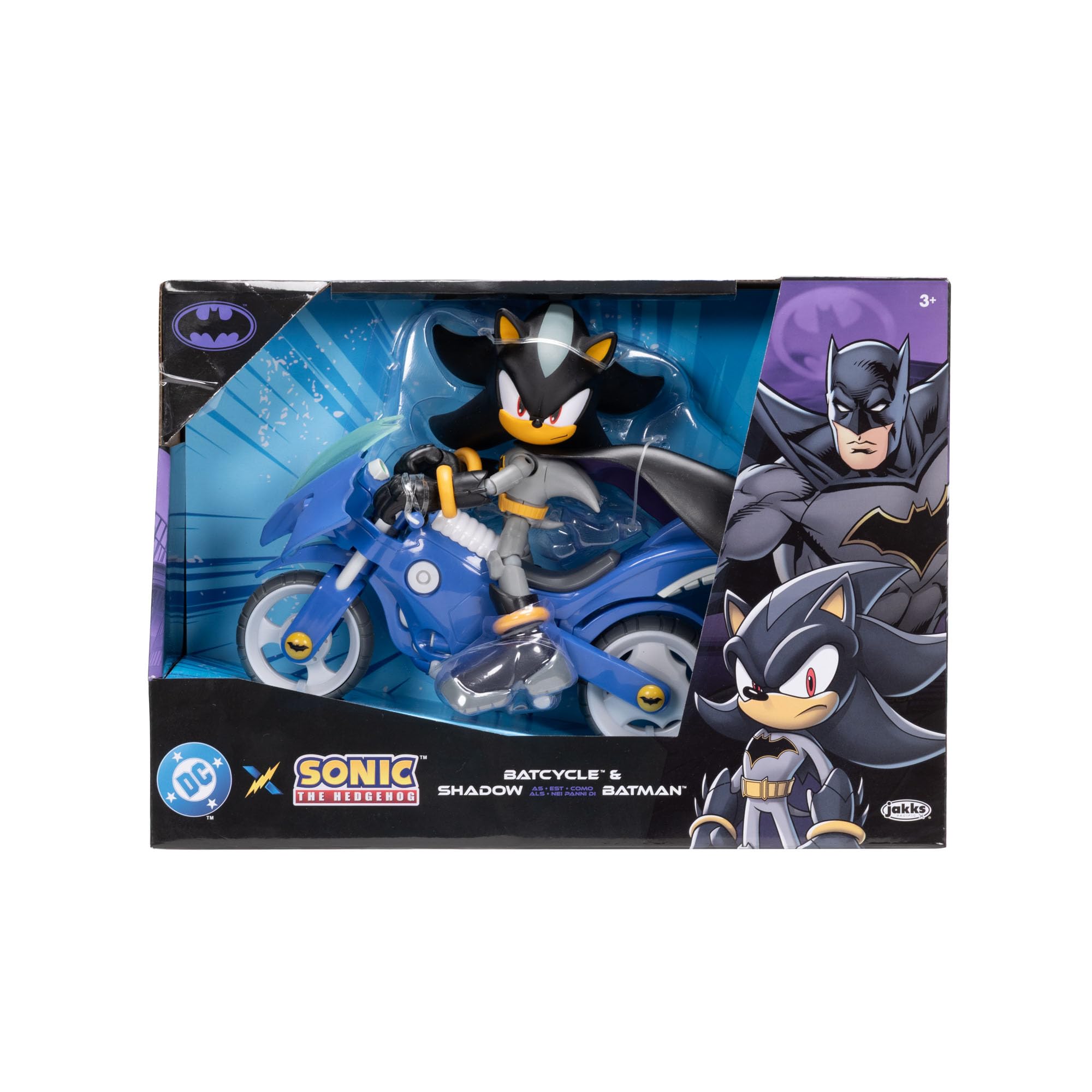 Coffret Figurine articulée DC x Sonic Shadow en Batman et Batcycle, Jakks Pacific, Comprenant Une Figurine Shadow de 12,7cm & Un véhicule interactif avec Roues Mobiles et béquille Fonctionnelle.
