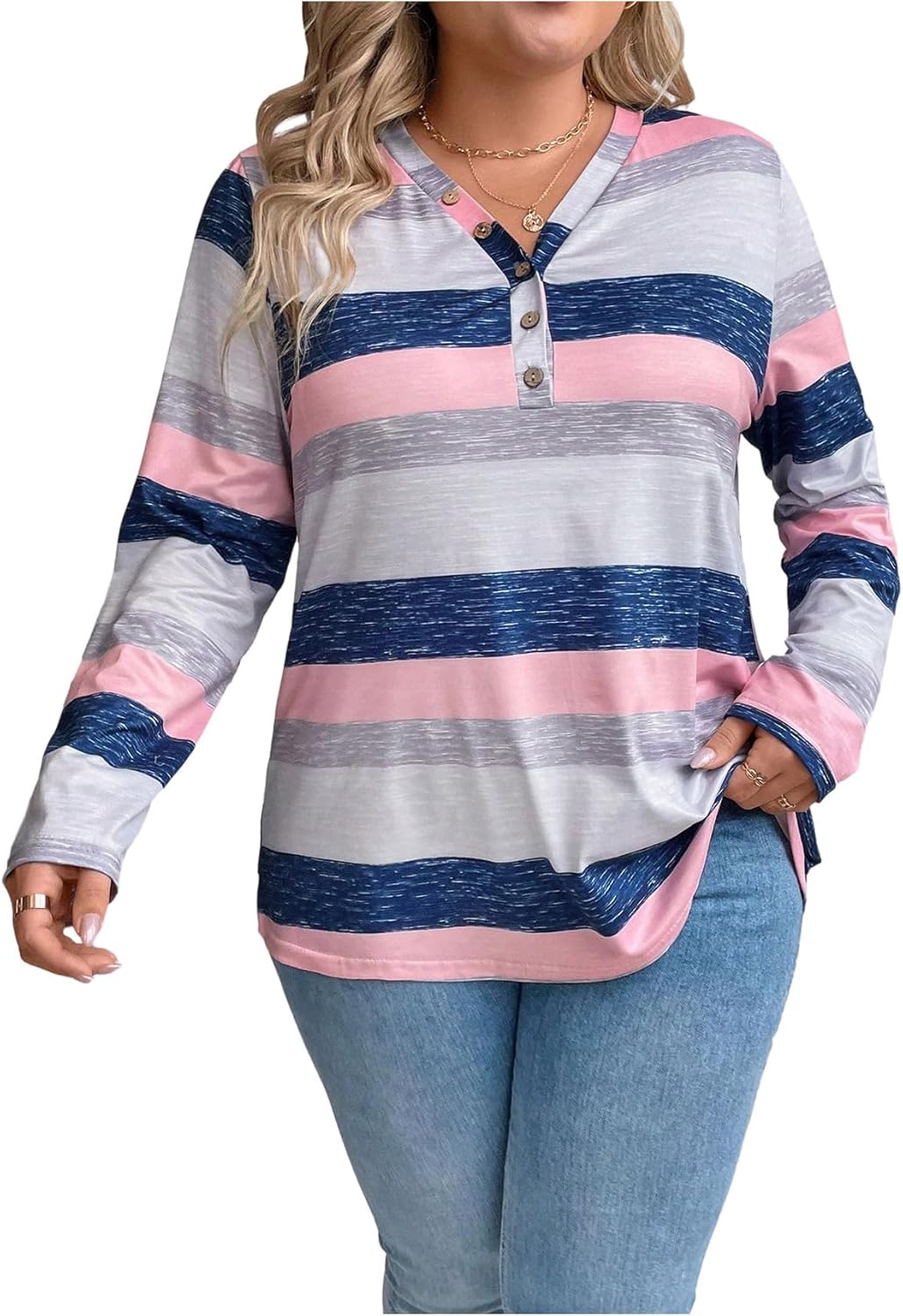 WDIRARA Women's Plus Size Color Block Striped T Shirts Button V Neck Long Sleeve Tee Tops