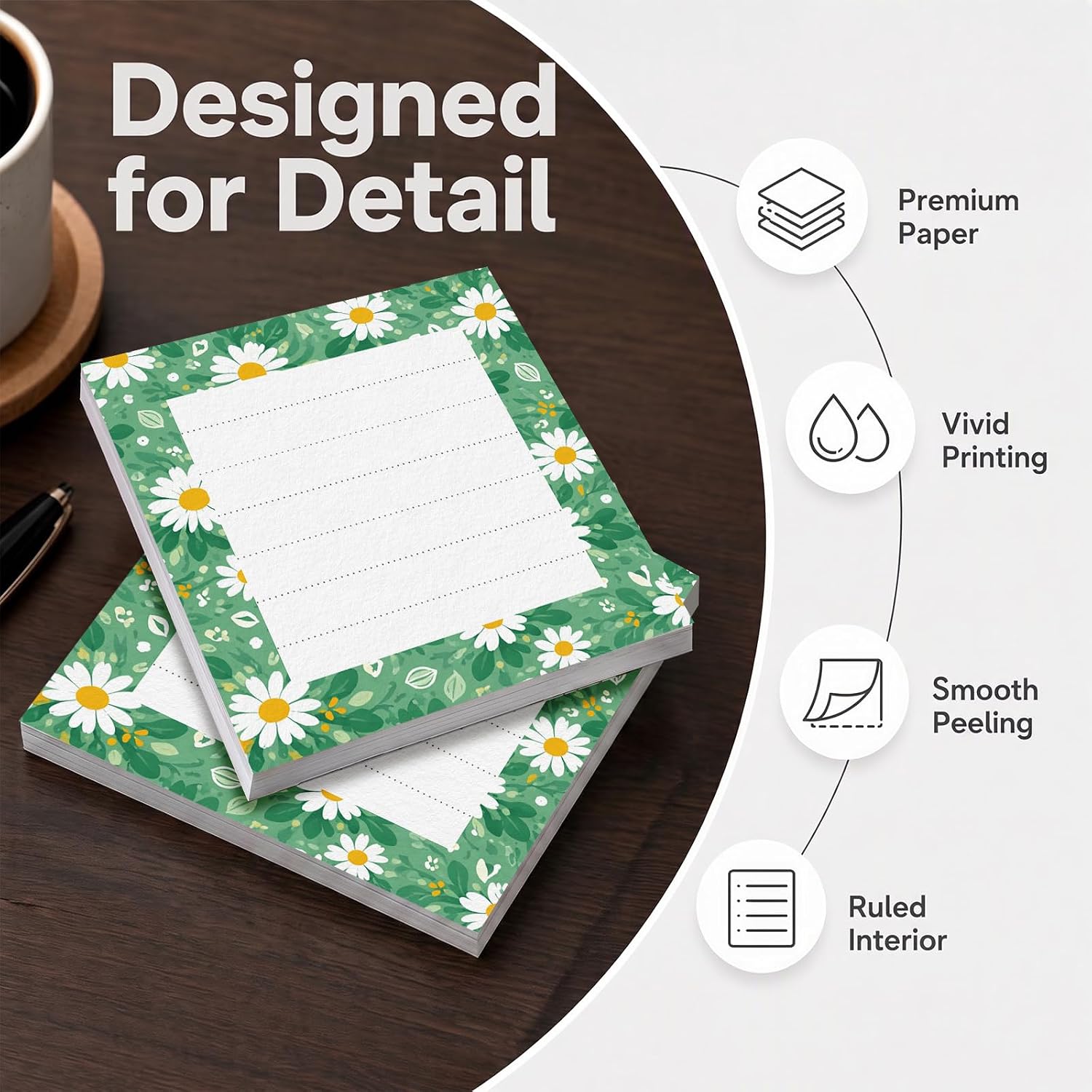 2 Pads Sticky Notes 3x3 inch, Cute Funny Bright Colors Self-Stick Note Pads Easy to Post for Home, Office, Notebook Cute Green Daisy image 4