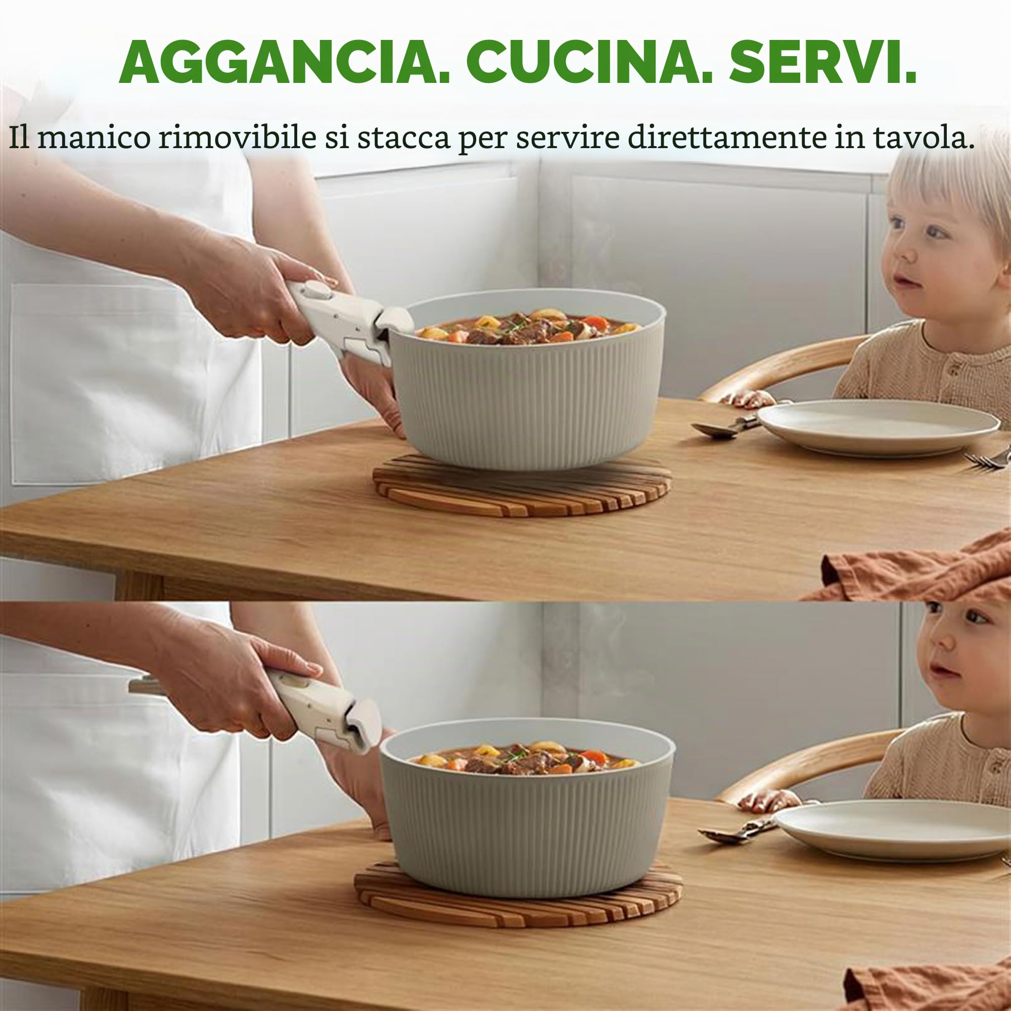 NutriChef Set Pentole e Padelle in Ceramica 18 Pezzi con Manici Removibili, Antiaderenti senza PTFE, Design Salvaspazio, per Forno e Piano Cottura, Verde