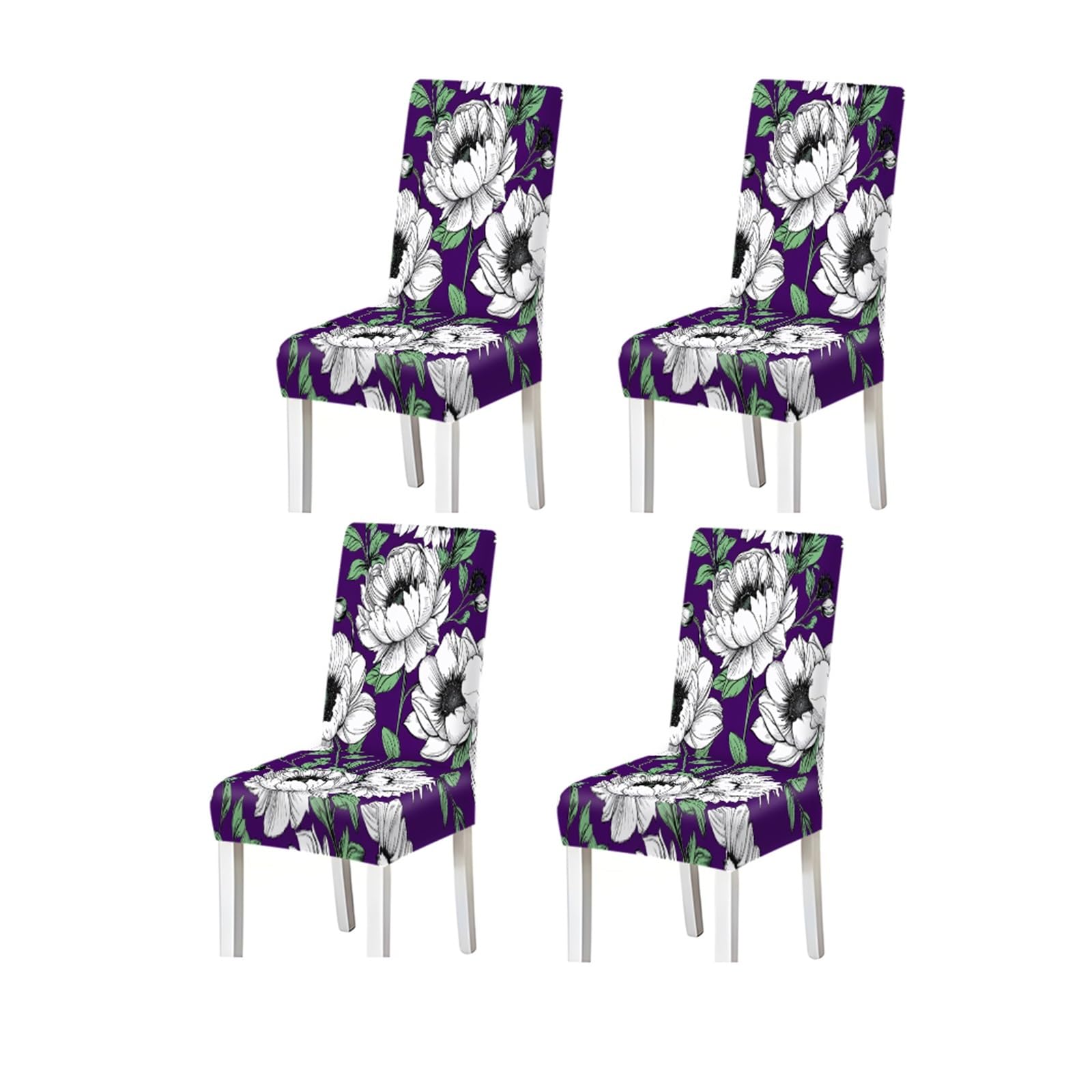Bosuybn One Color Purple White Anemone Floral Print Dining Chair Covers, Stretch Slipcovers For Home Kitchen Dining Room Party, 2/4/6Pcs Furniture Protectors For Home Dining Room(4Pcschair Cover)