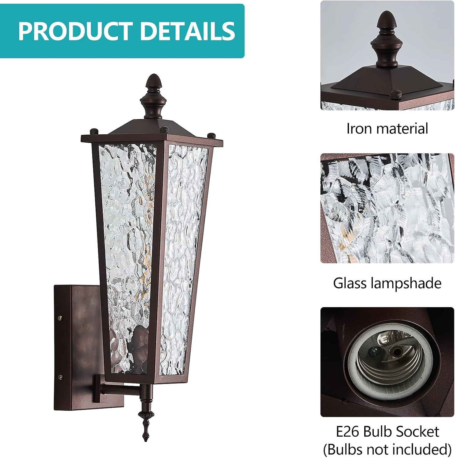 Brown Outdoor Wall Light Fixtures - Waterproof Exterior Wall Lantern with E26 Socket & Glass Shade, 17.7in Porch Sconce Lighting for Garage, Patio, Front Door Entryway