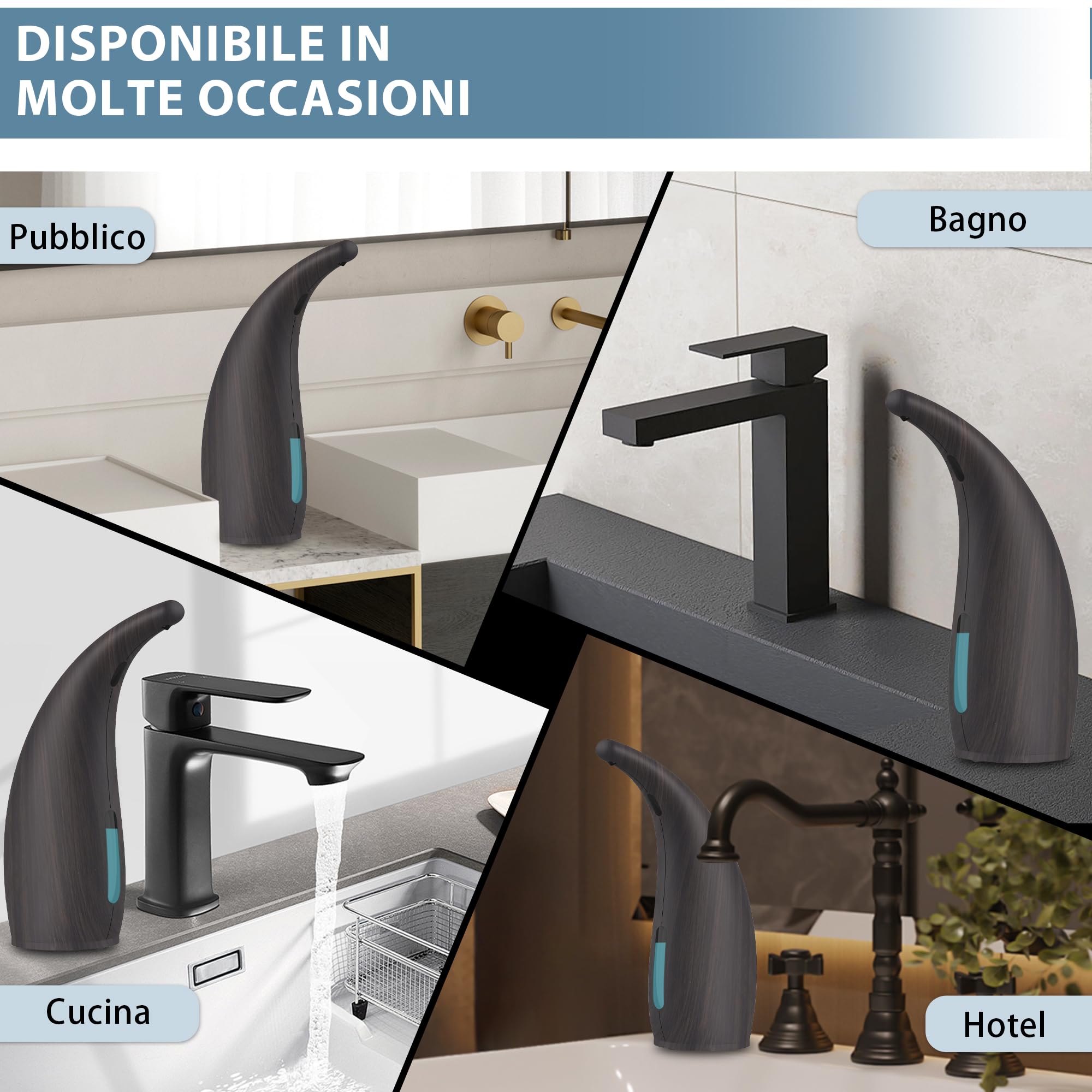 XZUO Dispenser Sapone Automatico, 300ml Dispensatore Sapone Senza Contatto con Sensore a Infrarossi, 4 Livelli Regolabili, Alimentato a Batterie, per Bagno Cucina Scuola Hotel