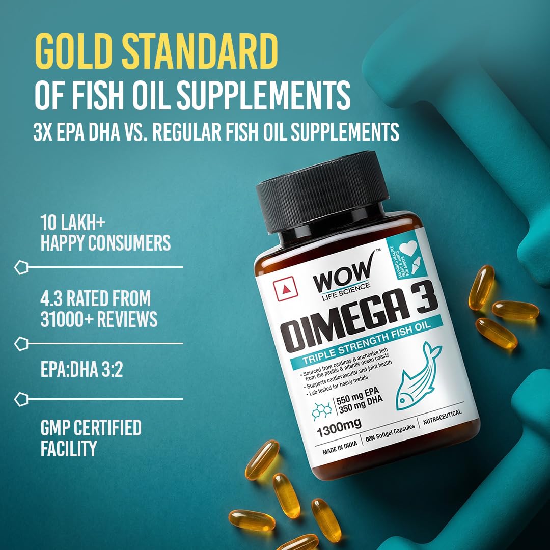 WOW Life Science Omega-3 Fish Oil 1300 Mg Triple Strength 550Mg Epa 350Mg Dha,Burpless,Mercury Free,Ideal For Keto Diet,1 Count 3