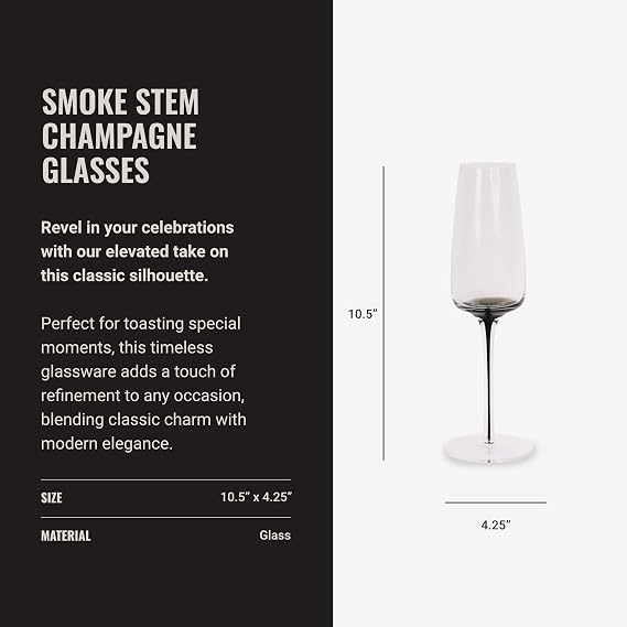 Aroma360 Hotel Collection - Dark Smoke Stem Champagne Glasses Scratch-Resistant, Hand Wash Only Set of 4