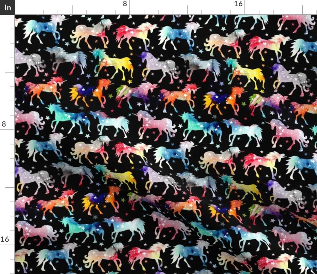 Spoonflower Fabric - Rainbow Watercolour Galaxy Unicorns Black Background Watercolor Space Printed on Petal Signature Cotton Fabric by The Yard - Sewing Quilting Apparel Crafts Decor