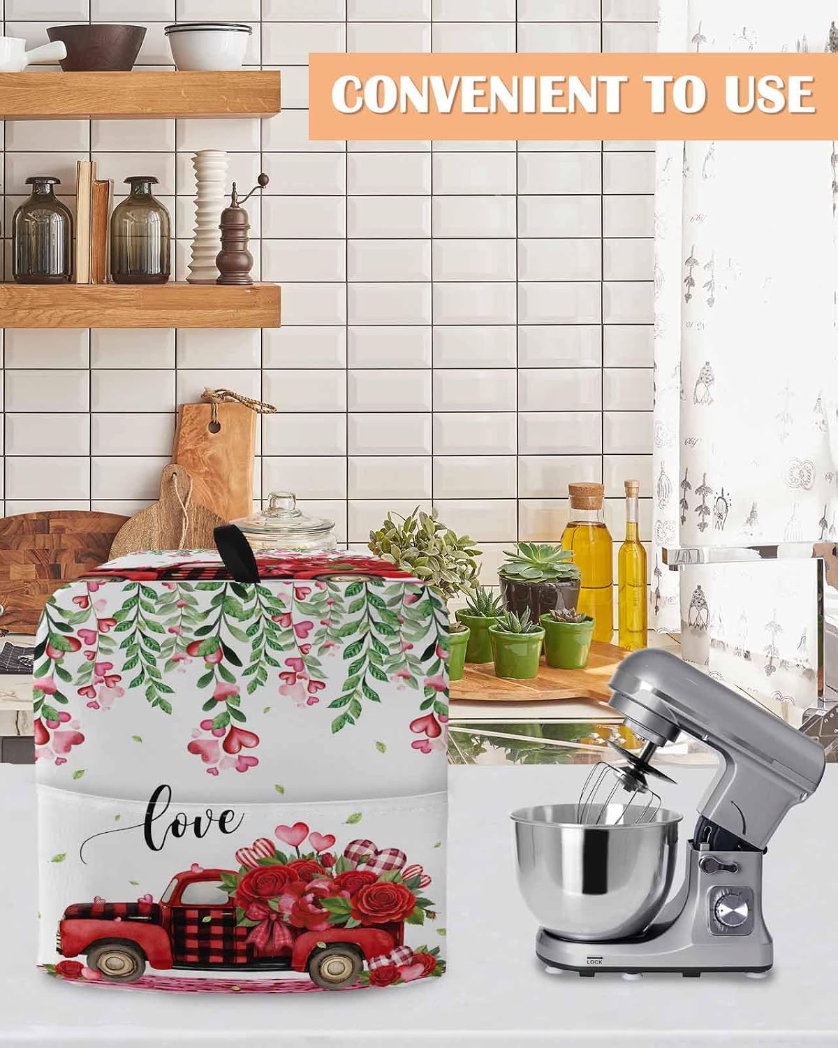 Valentine's Day Stand Mixer Cover with Storage Pocket, Waterproof Kitchen Mixer Covers, Red Truck Roses Leaves Love Romantic Kitchen Appliance Dust Cover Compatible with 5-8 Quart Mixers