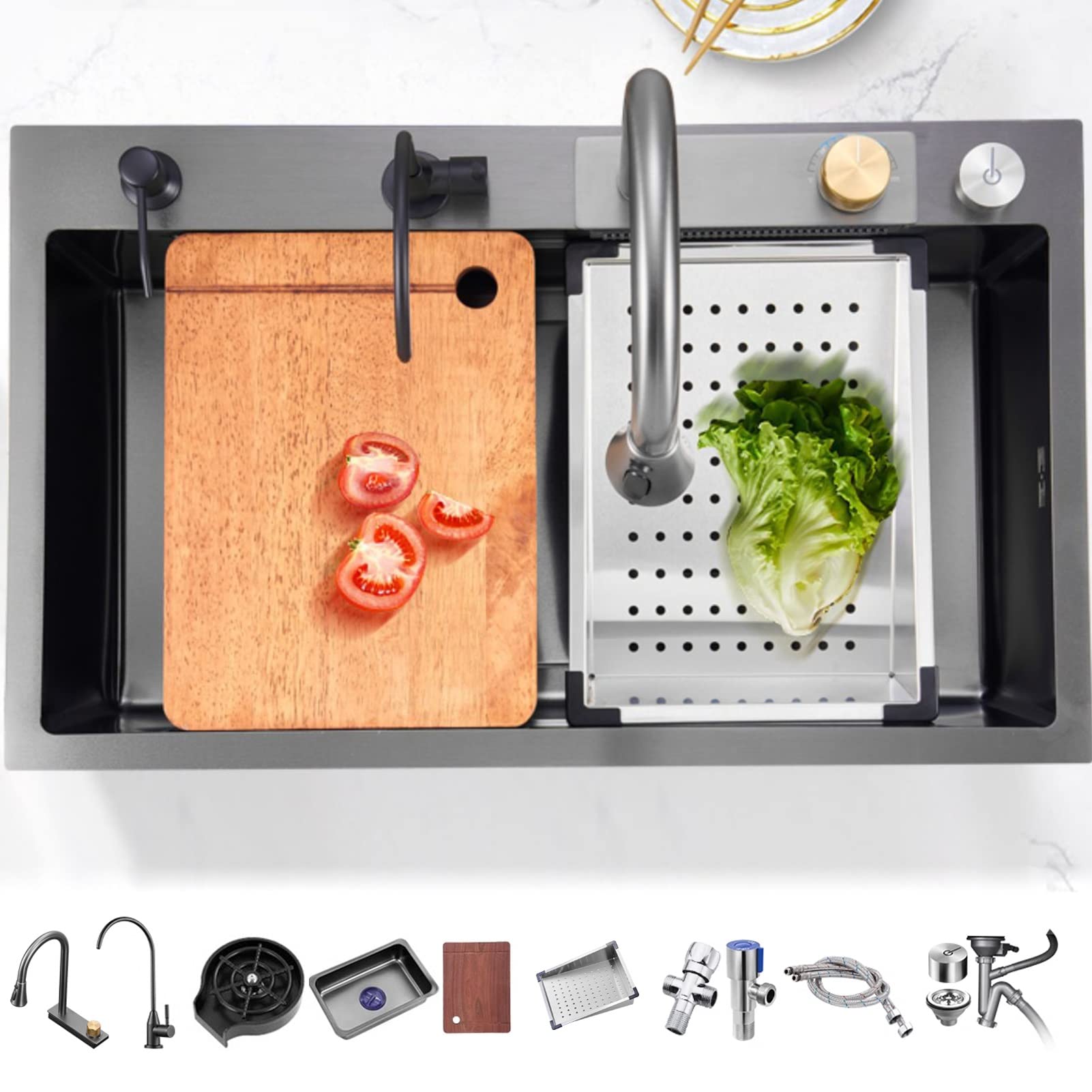 ZQFHSX Kitchen Sink Black Grey Stainless Steel Waterfall Single Bowl WorkstationWith Pull Down Sprayhead Faucet With Multiple Accessories (Size : 68x45x22cm)