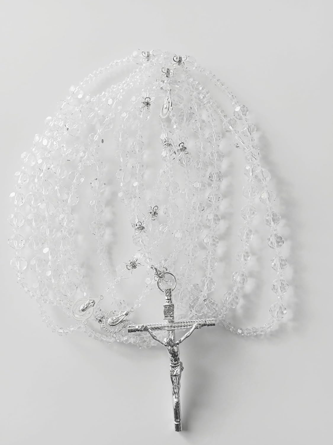 javier Wedding Lasso/Lasso para Matrimonio de Crystal de bolita con Cristal Natural con Cruz catolica Lazo Color Plata.