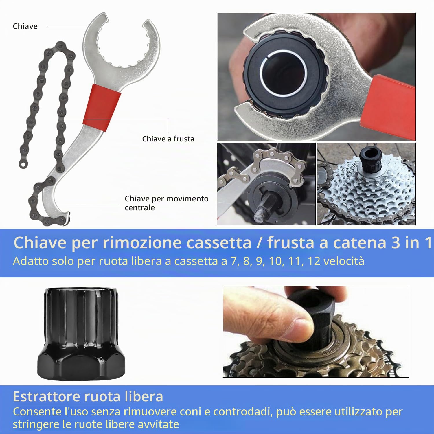Set di Attrezzi per Bicicletta, Strumento di Rimozione della Cassetta per Bicicletta con Chiave di Rimozione della Cassetta Strumento per Movimento Centrale Svitacatena