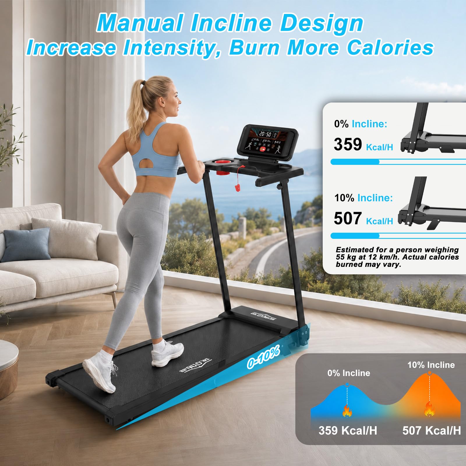 Drgymlee składana bieżnia do domu, bieżnia 12 km/h z nachyleniem 5,2%, cichy silnik 2.5HP, wyświetlacz LED, pas biegowy 105×42 cm, amortyzacja 5-warstwowa, udźwig 136 kg