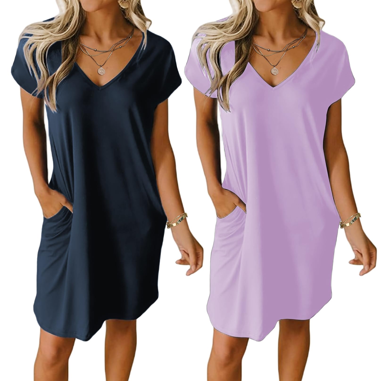 EkouaerWomens 2 Pack Nightgown V Neck Sleepshirt Short Sleeve Nightshirt Plain/Floral Pajama Dress with Pockets