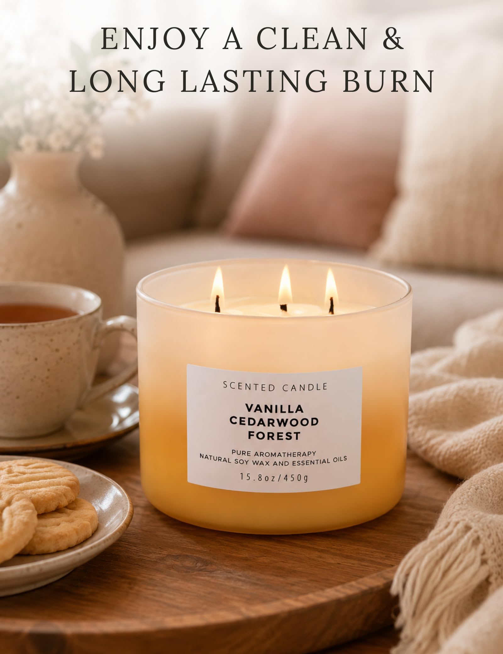 Duftkerze Vanille Zedernholz Waldkerze | 3-Docht große Soja-Kerzen 450 ml | Aromatherapie-Vanille-Kerze für Damen und Herren | warmer, holziger, gemütlicher Duft für Zuhause | langanhaltende, saubere