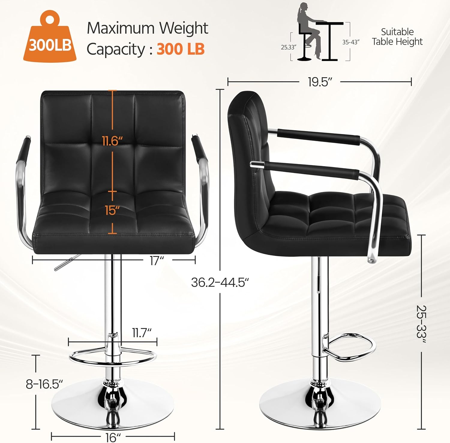 Topeakmart Black Barstools, Adjustable Swivel PU Leather Bar Chairs with Armrest and Footrest for Home Bar Kitchen Island