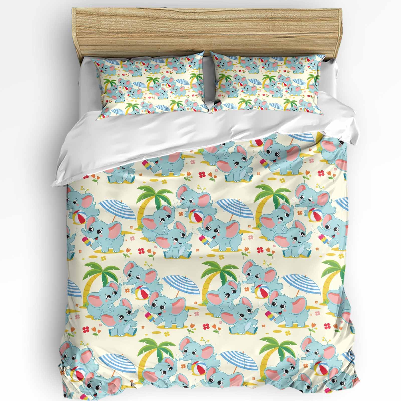 Chees D Zone Duvet Cover Sets Cartoon Baby Elephant Flower on Beige,3 Pieces Bedding Set Ultra Soft Microfiber Quilt Covers and Pillowcase for Bedroom, Summer Cute Animal Bed Set All Seasons Use
