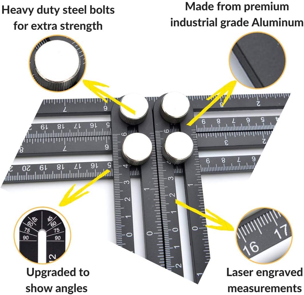 Strongman Tools Heavy Duty Aluminum Angle Measuring Ruler Angle Finder Template Ideal Gift for The DIY Lover Craftsman Carpenter Construction (Includes Pouch + Pencil) Woodworking Tool - - 