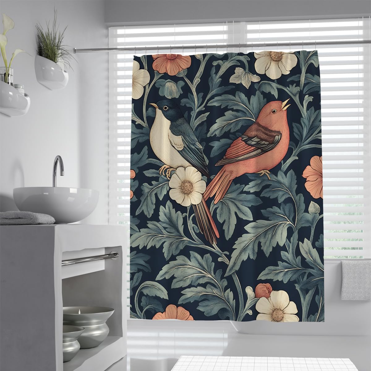 OLLIAR Home Vintage Bird Shower Curtain 180x220 Rustic Botanical Floral Elegant Bathroom Decor Boho Aesthetic Polyester Waterproof Fabric Bath Curtains