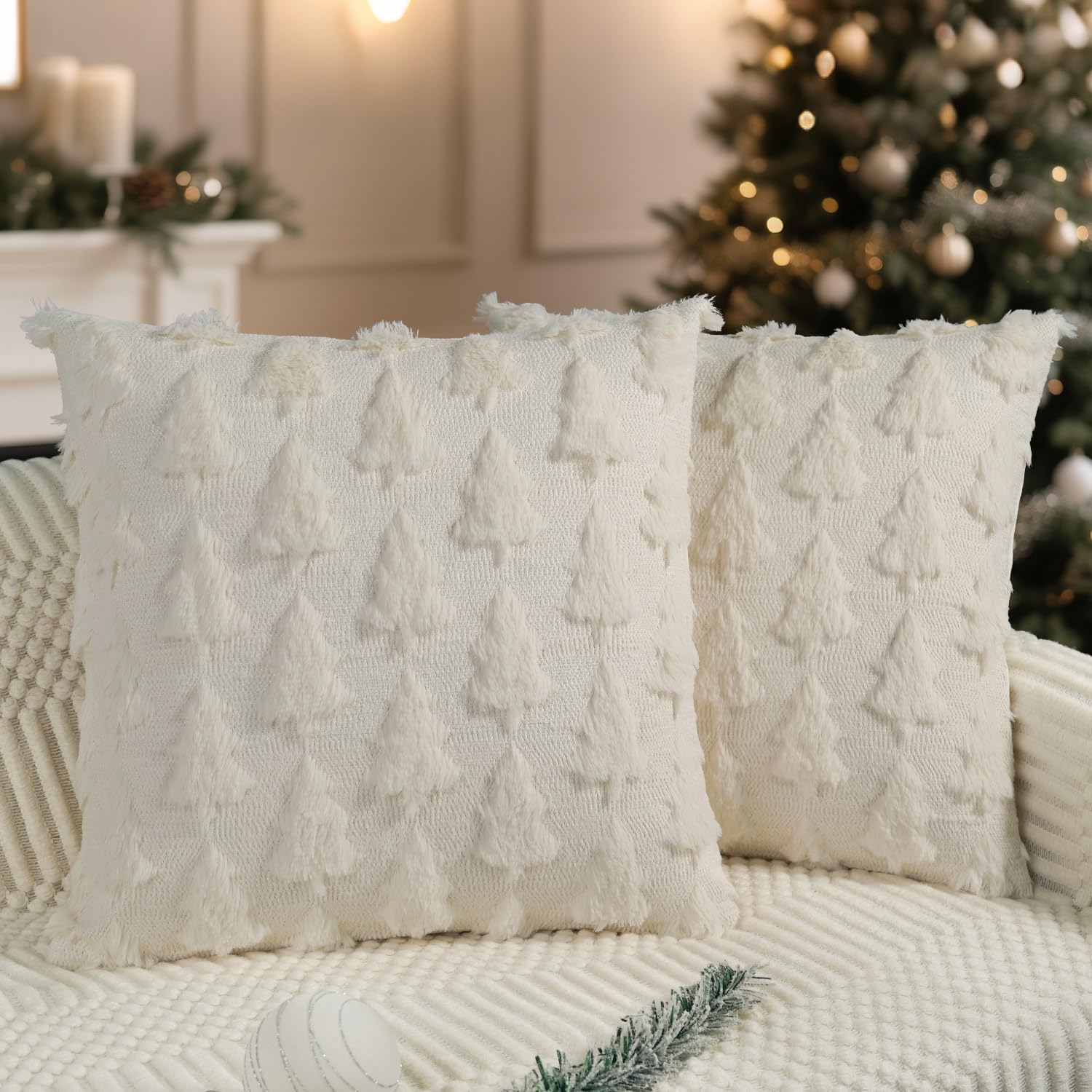 Artmag Christmas Pillow Covers 24 x 24 Inch Set of 2 Beige Christmas Tree Pillow Cases Soft Plush Faux Fur for Winter Holiday Home Coach Sofa Decoration