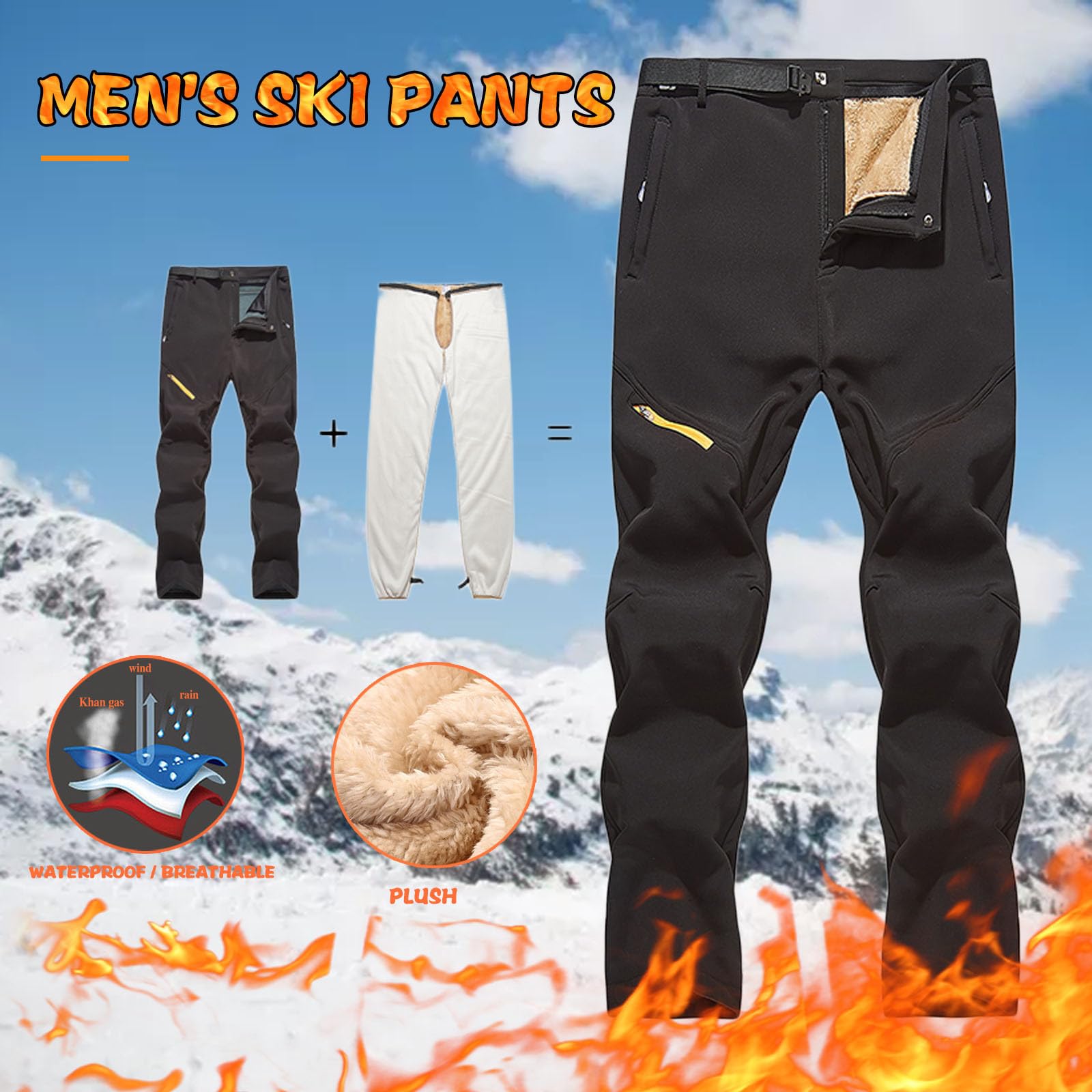 Generisch Pantalones de invierno para hombre, forro polar, desmontable, dos piezas, doble engrosado, cálido pantalón de esquí