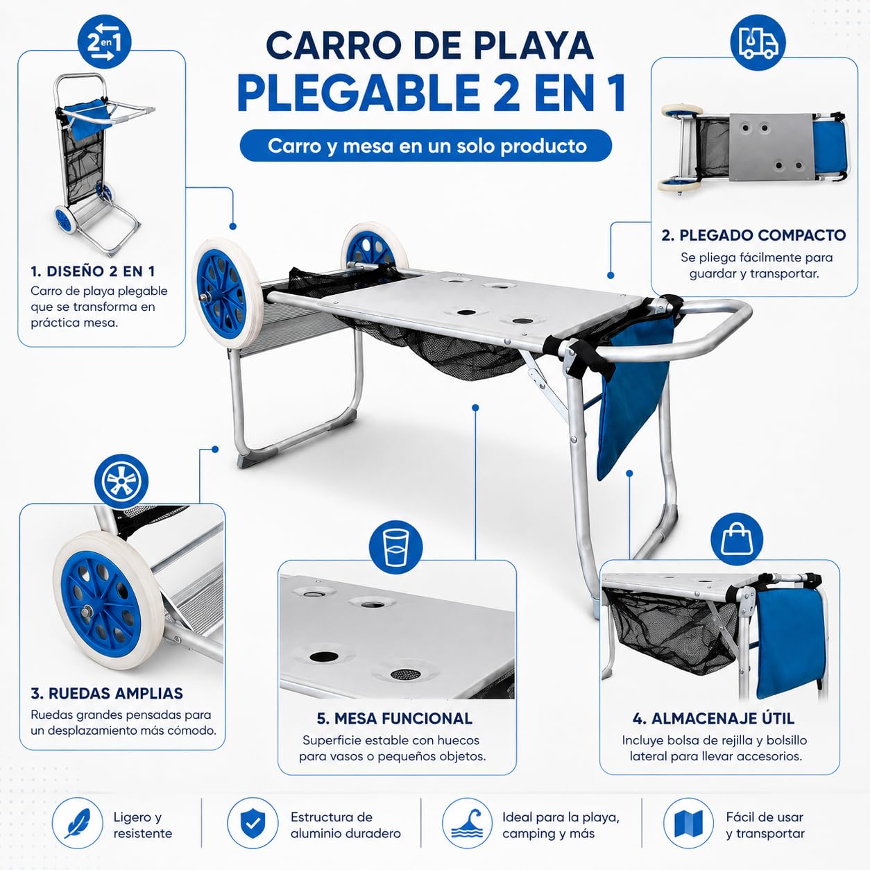 Acomoda Textil - Carro de Playa Plegable 105x52 cm 2 en 1 con Mesa Integrada. Carrito de Transporte de Aluminio con Ruedas Grandes, Bolsa de Almacenaje y Goma de Sujeción para Playa y Camping.