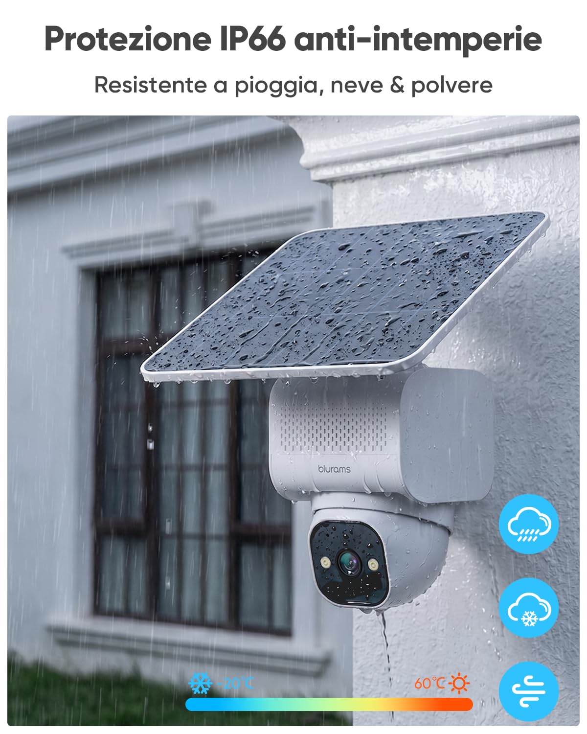 blurams 4K Telecamera WiFi Esterno Senza Fili Solare h24 | 8MP, Batteria 12000mAh con pannello 5W, Registrazione 24/7, Wi-Fi 6 Dual-band 2,4 GHz & 5 GHz, 360 gradi, IP66 Impermeabile