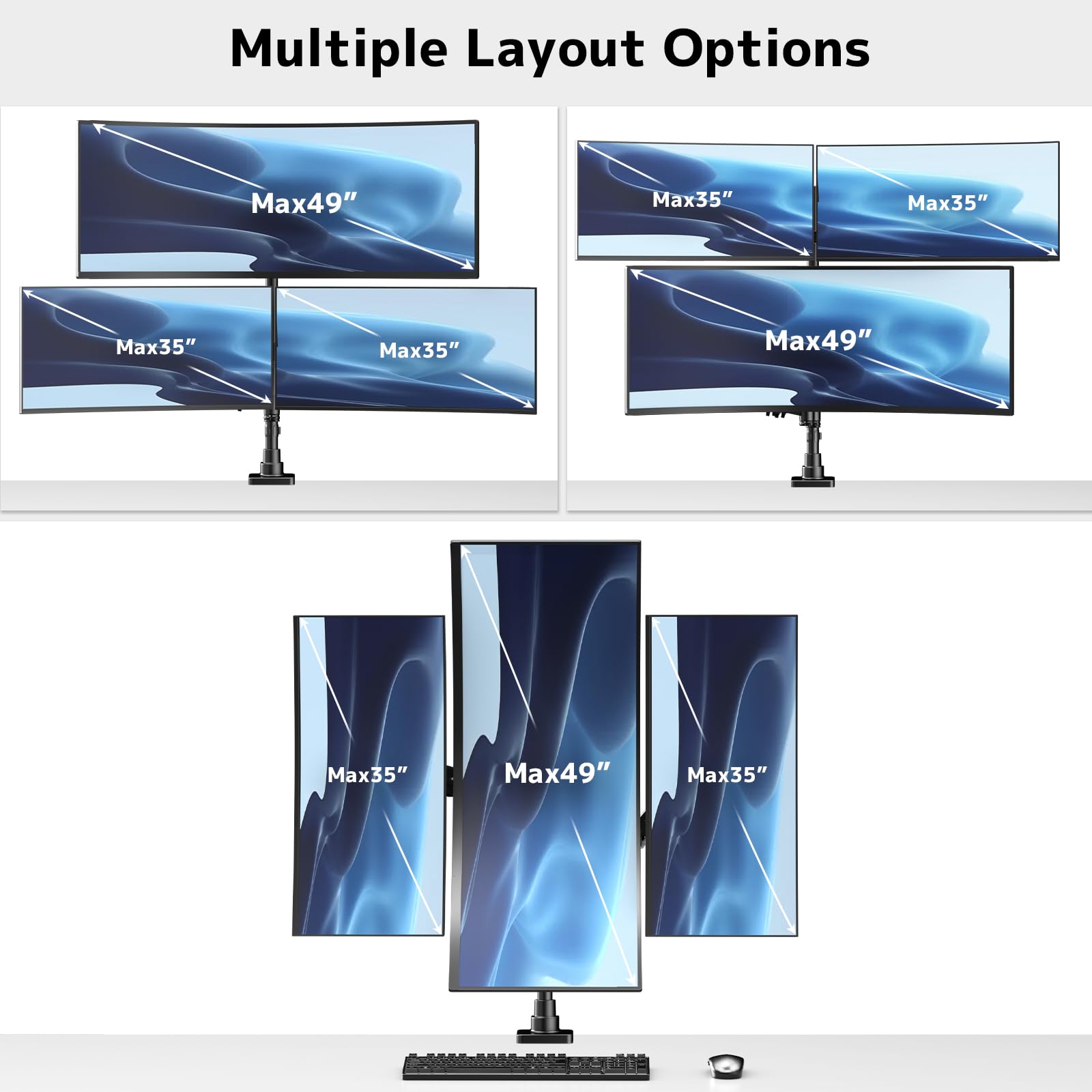 Monitor Halterung 3 Monitore Schreibtisch-1 Fester 49" und 2 Gasfeder 35",bildschirmhalterung 3 monitore Höhenverstellbar,80cm Stange Monitor Tischhalterung bis 20 kg