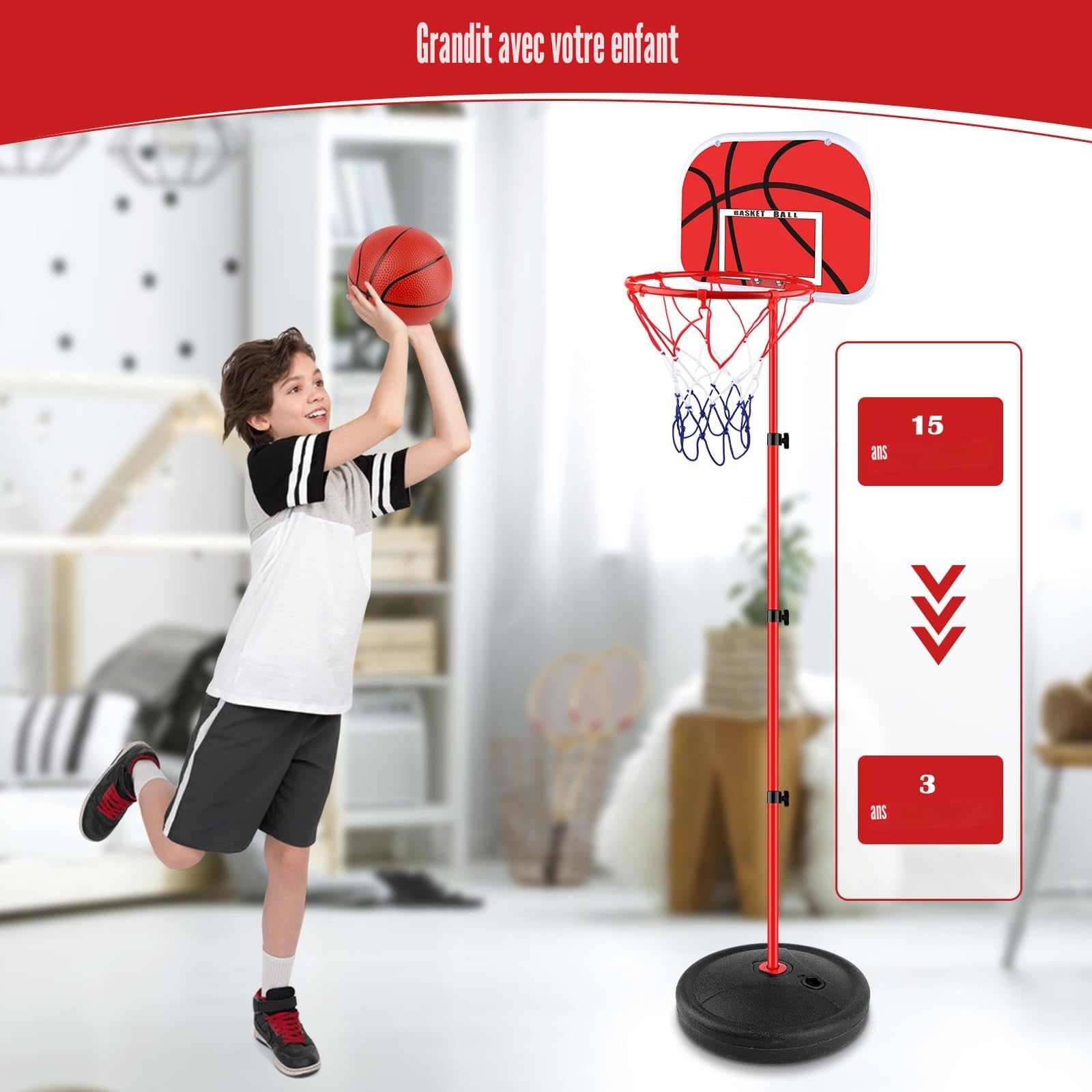 Panier de Basket Enfant, Panier de Basket Exterieur avec Support, Panier Basket Enfant Réglable en Hauteur 60-150cm, Kit Basketball Junior avec 2 Ballons Une Pompe