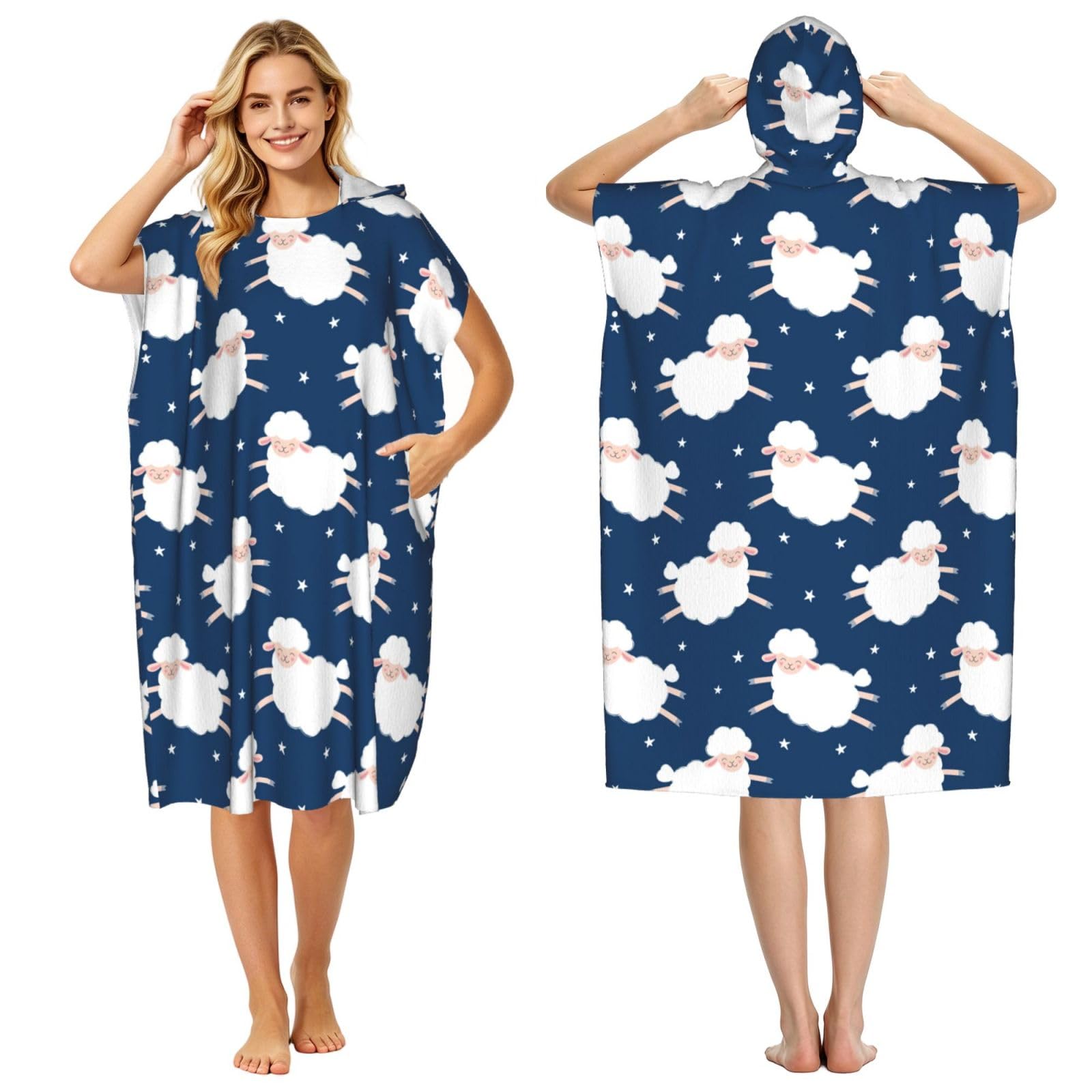Poadnly Sheep On A Starry Sky, Adult Hooded Beach Towel 90 x 110 cm,Changing Bath Robe, Surf Poncho Towel For Women Men