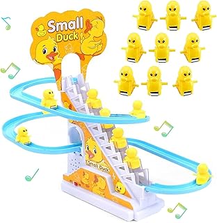 Small Ducks Climbing Toys, Electric Ducks Chasing Race Track Game Set, Playful Roller Coaster Toy with 9 Duck LED Flashing Lights & Music Button, Fun Duck Stair Climbing Toy for Toddlers and Kids (A)