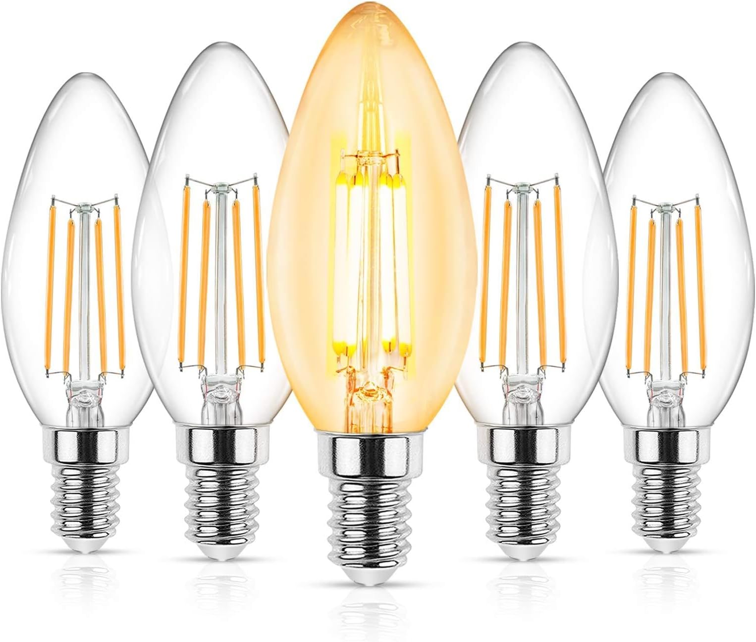 E14 LED Filament Candle Light Bulbs, 450LM, 95+CRI, 40W Incandescent Bulbs Equivalent, Warm White, Small Edison Screw Filament Candle Light Bulb, AC220-240V, Non-Dimmable, (Pack of 5)