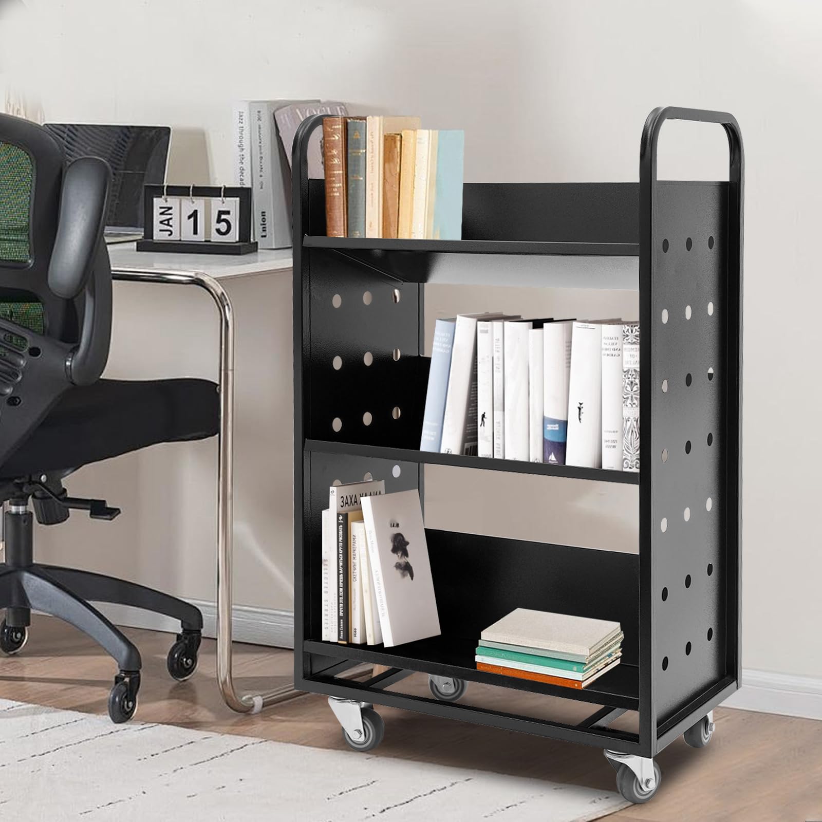 Carrello portaoggetti a tre piani, dimensioni 80 x 36 x 100 cm, nero, con ruote girevoli e maniglia, adatto per librerie, biblioteche, uffici e spazi abitativi