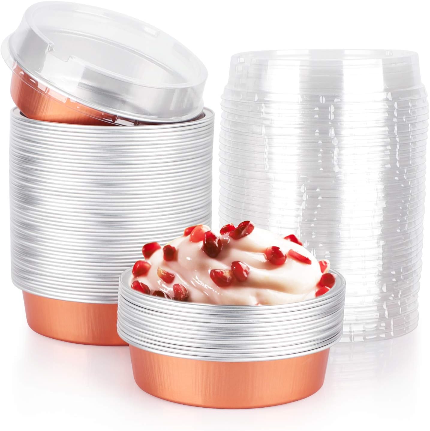 Beasea Mini Tart Pans, 8 Oz 50 Pack Disposable Pie Tins with Lids, 4 Inch Rose Gold Aluminum Pie Pan Cartoon Tin Tart Pans Round Oven Baking Mini Cake Pan for Pie Tart Quiche