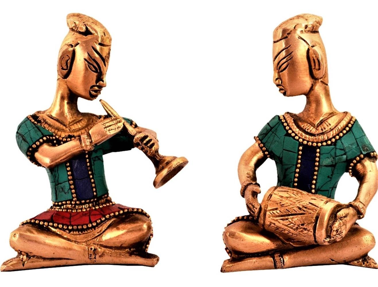 Purpledip Brass Statue Set: Folk Musician Figurines With Gemstones; Comtemporary Decor Gift Souvenir (11192)