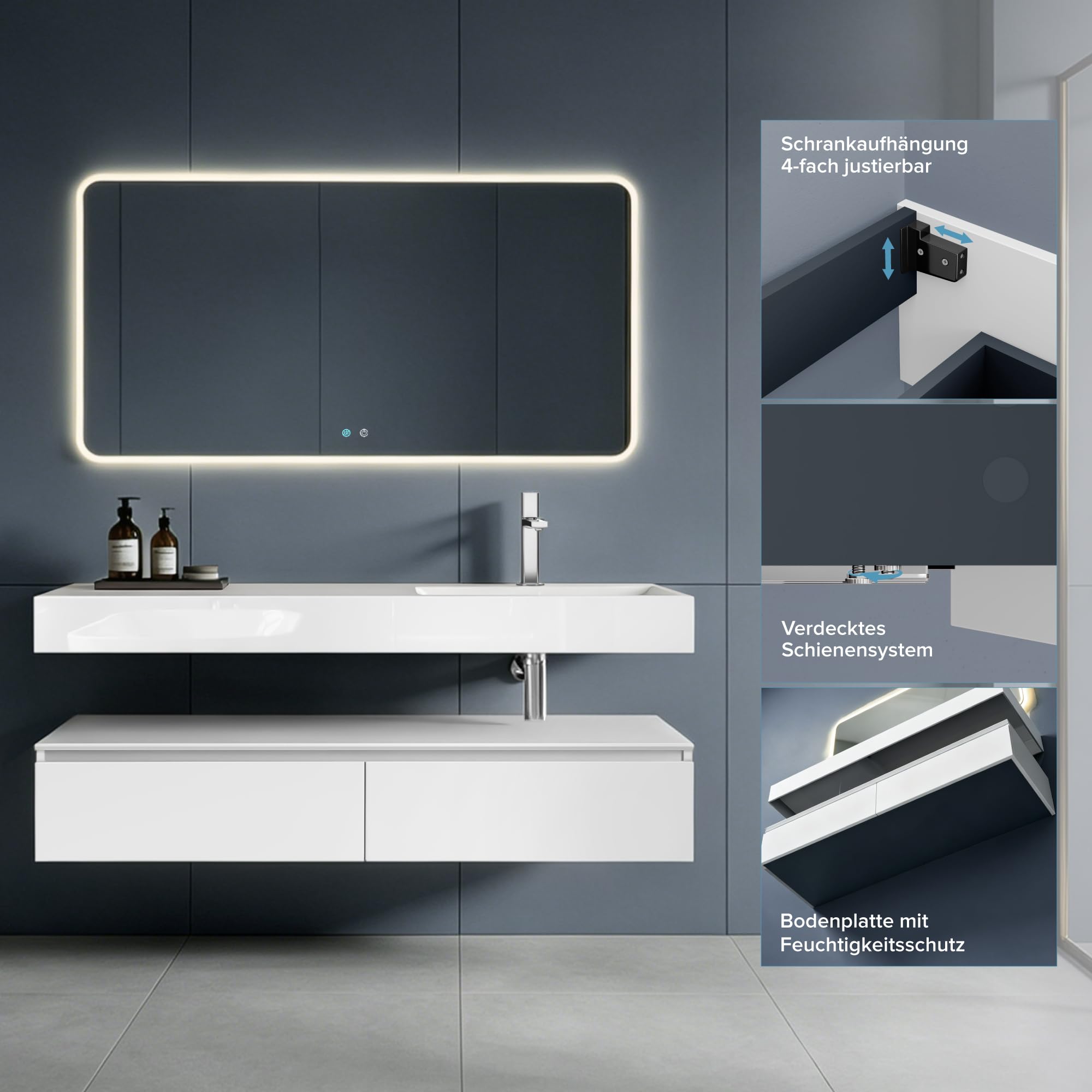 doporro Mobile Bagno Sospeso 150 cm con Lavabo Integrato – Design Moderno in Bianco Opaco con Mensola e Ampi Cassetti