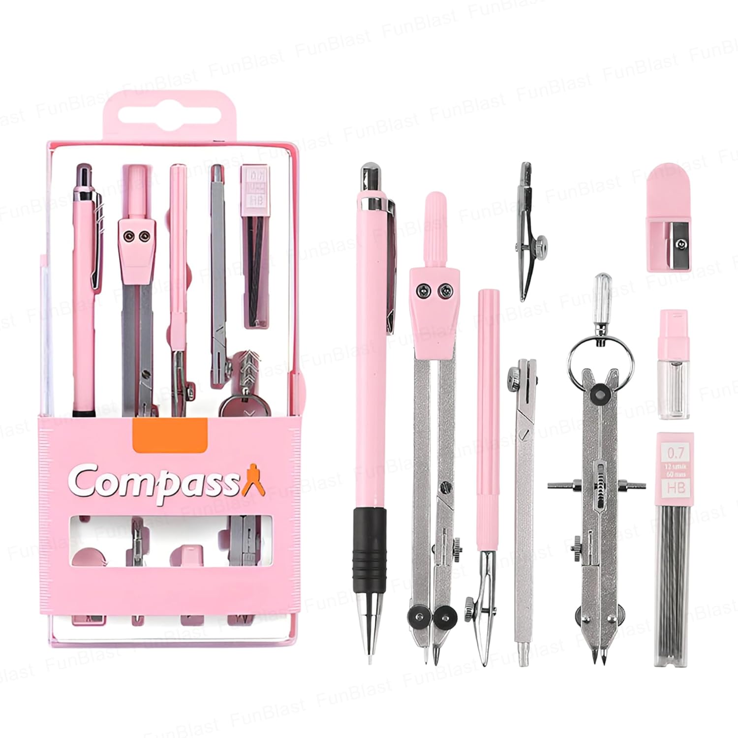 FunBlast Metal Compass Set 9 Pcs – Geometry Box with Protractor, Set Squares, Ruler, Compasses, Ruler Sets, Instrument Box, Math Geometry Kit for Student & Professional (Pink)