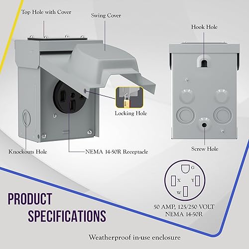 Miniatura 3 de ENERLITES Caja de toma de corriente de 50 amperios 125250 V, cerrada, con cerradura, resistente a la intemperie, NEMA 14-50R, panel de receptáculo