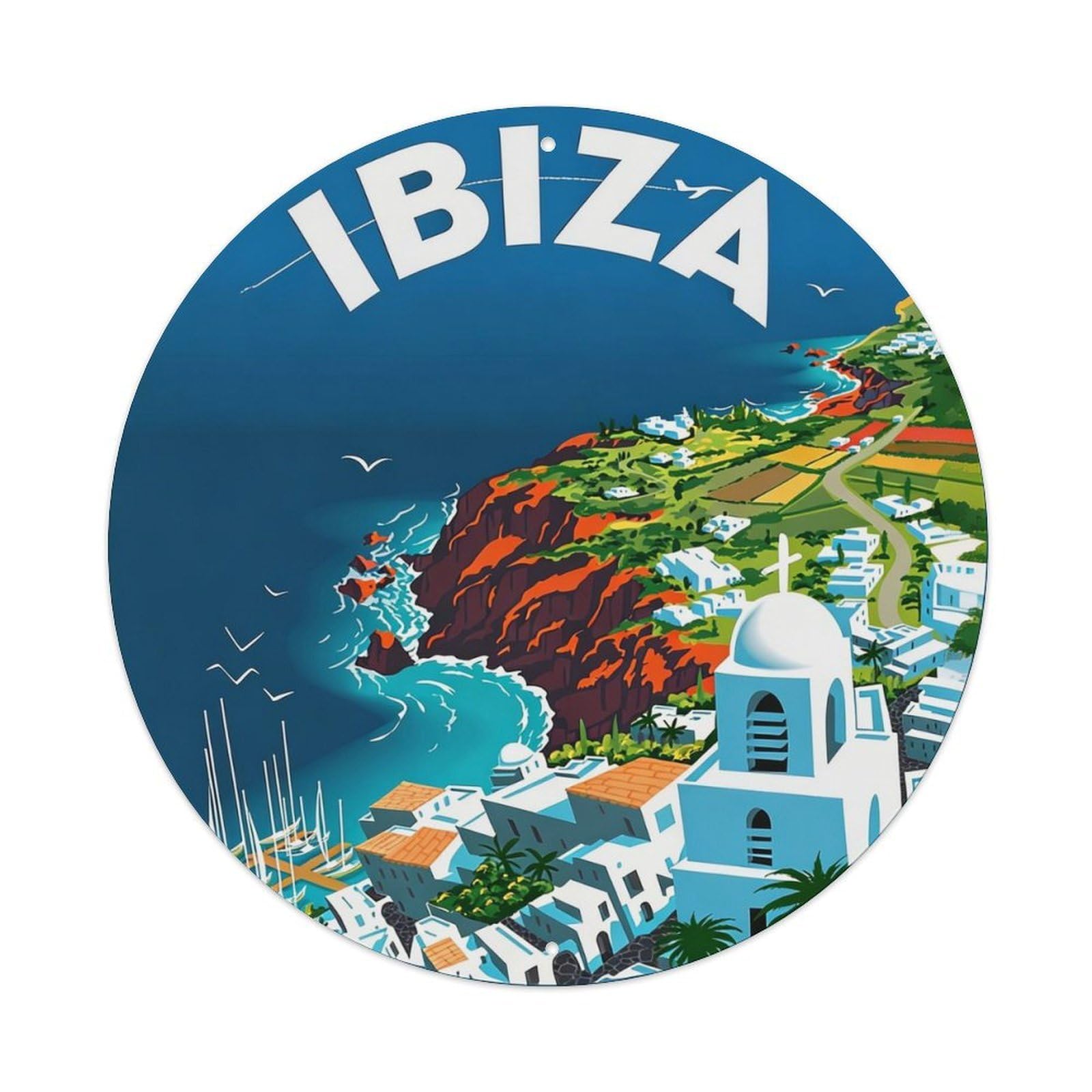 Retro Travel Ibiza Metal Tin Sign Plaque Wall Decor for Cafe, Club, Garden Round Metal Poster 8x8Inch